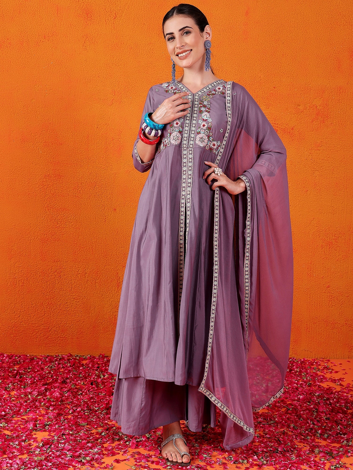 Embroidered Hand Work  Silk Kurti With Palazzos & Dupatta