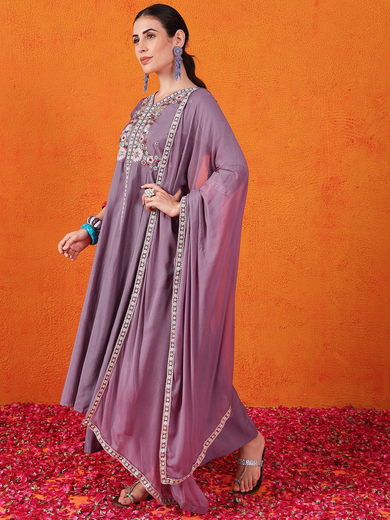 Embroidered Hand Work  Silk Kurti With Palazzos & Dupatta