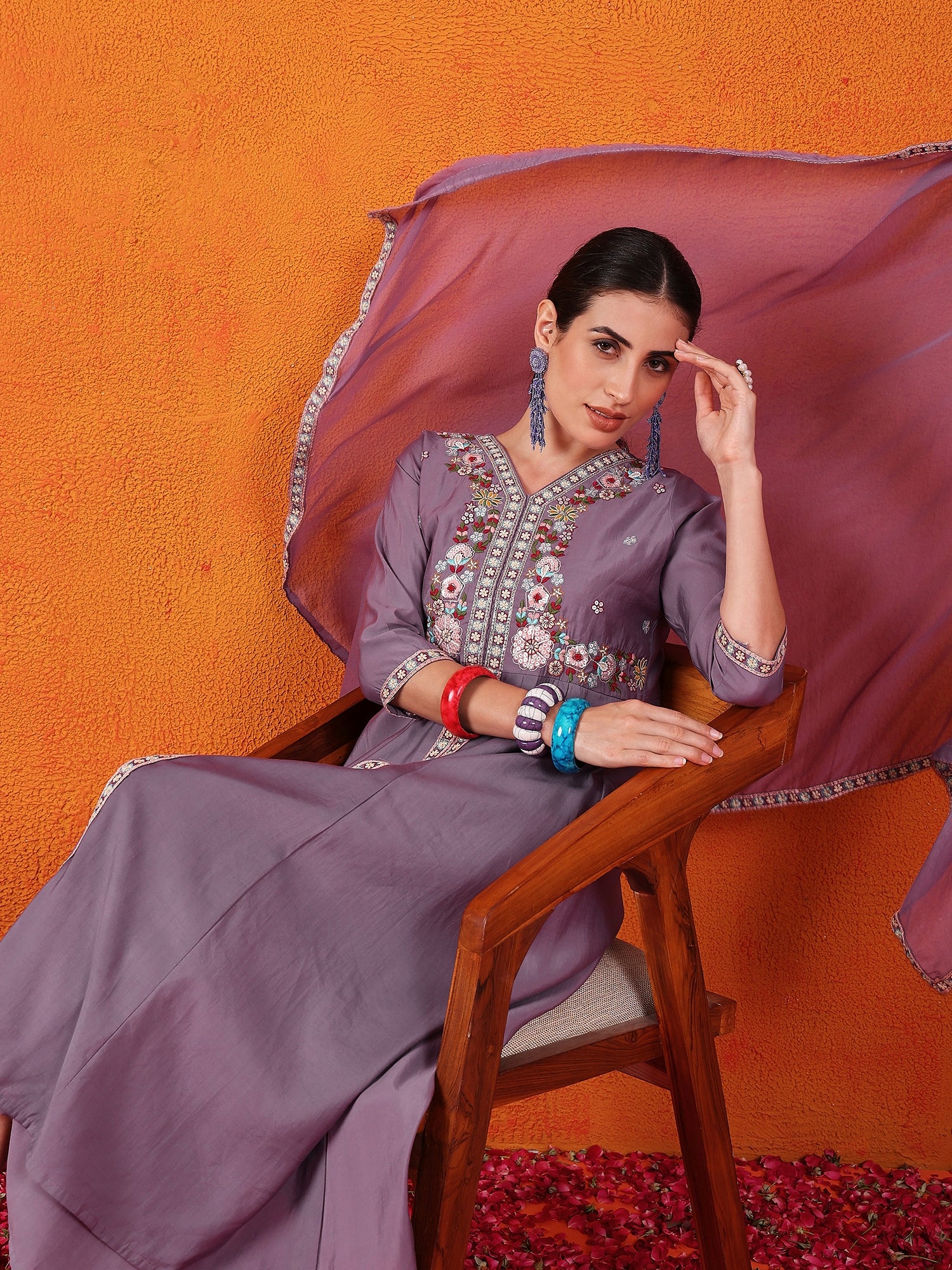 Embroidered Hand Work  Silk Kurti With Palazzos & Dupatta