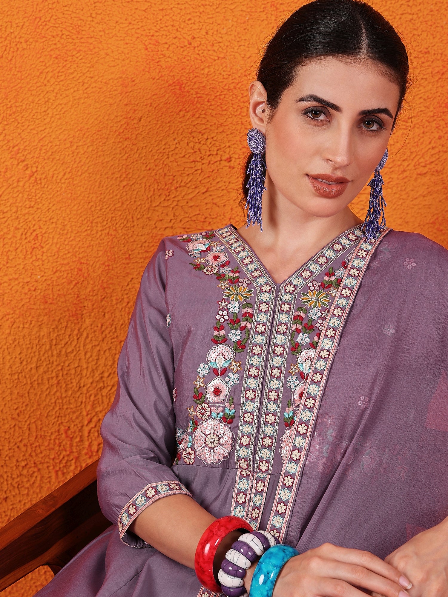 Embroidered Hand Work  Silk Kurti With Palazzos & Dupatta