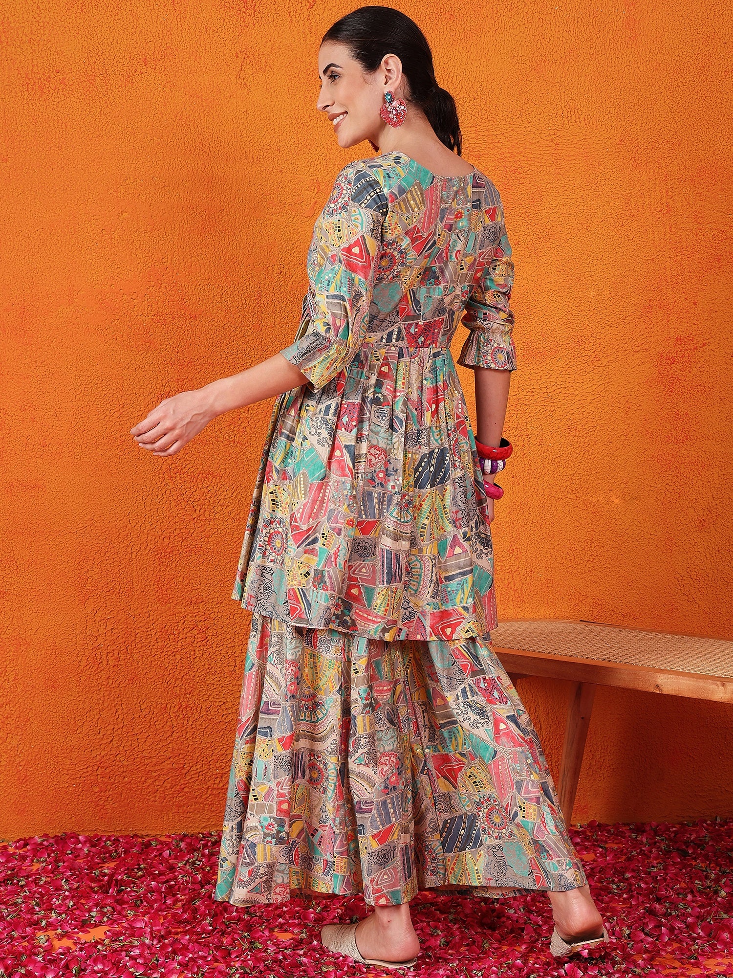 Women Modal, Silk Blend Ethnic Top Palazzo Set