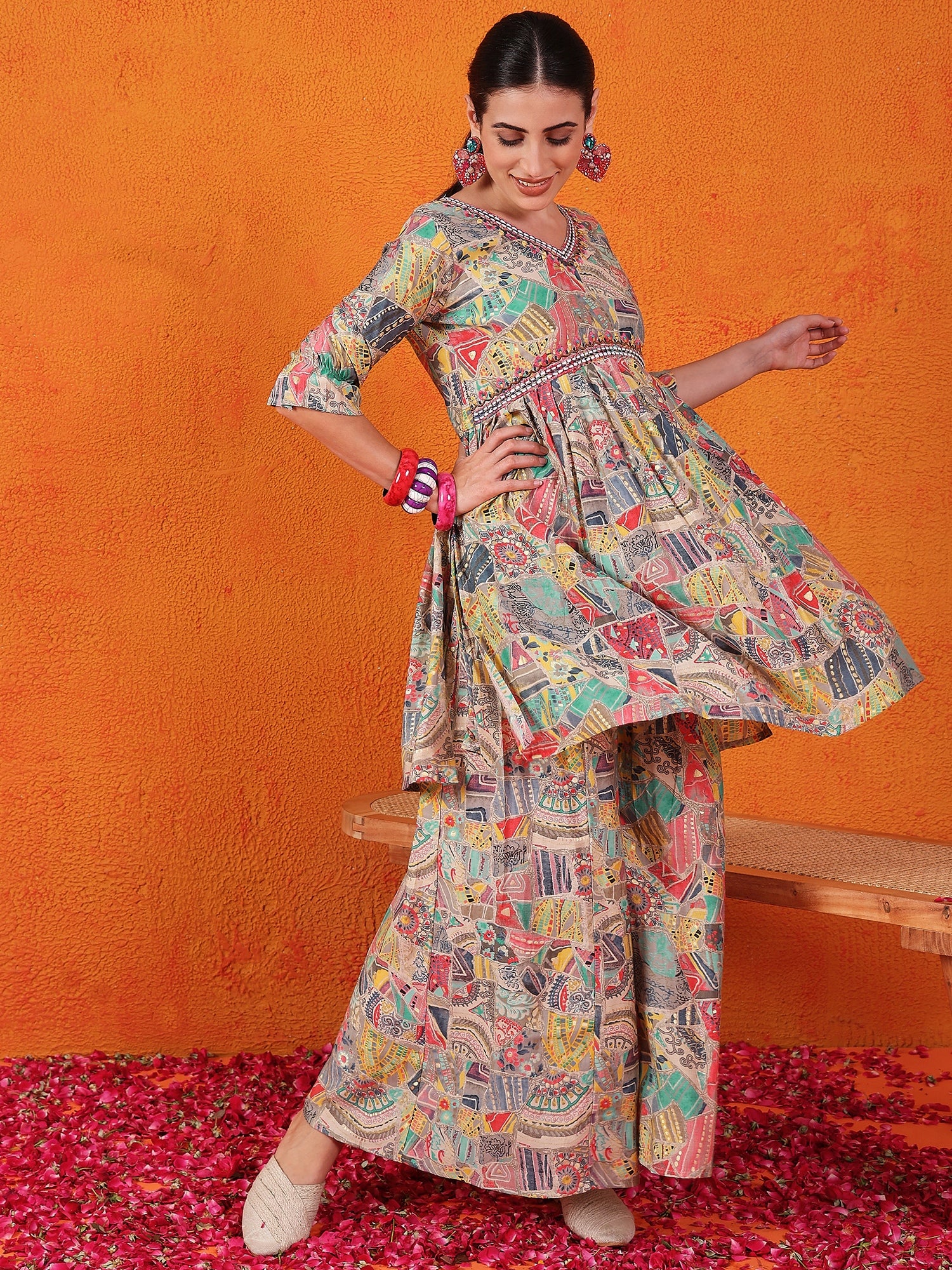 Women Modal, Silk Blend Ethnic Top Palazzo Set