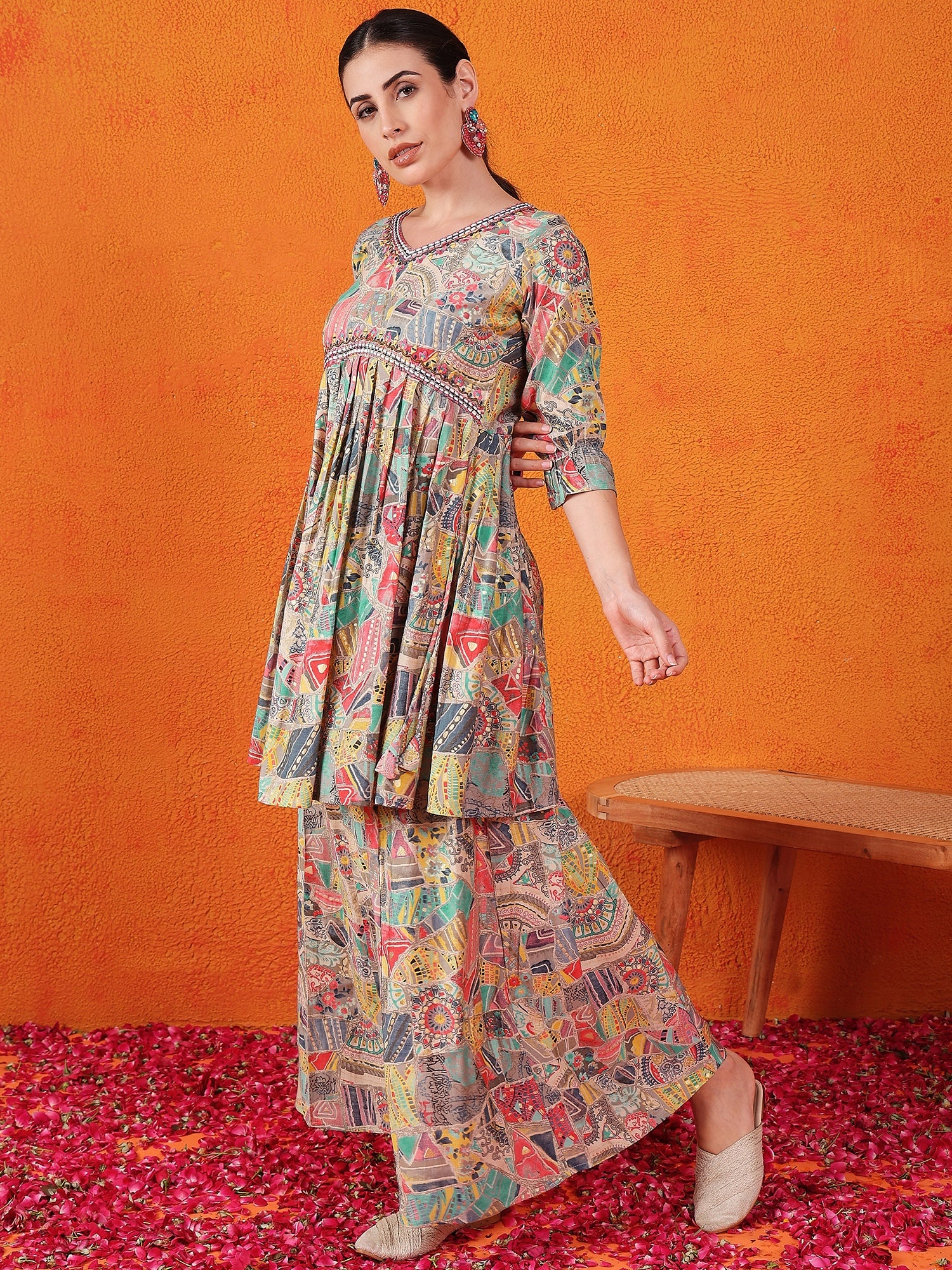 Women Modal, Silk Blend Ethnic Top Palazzo Set