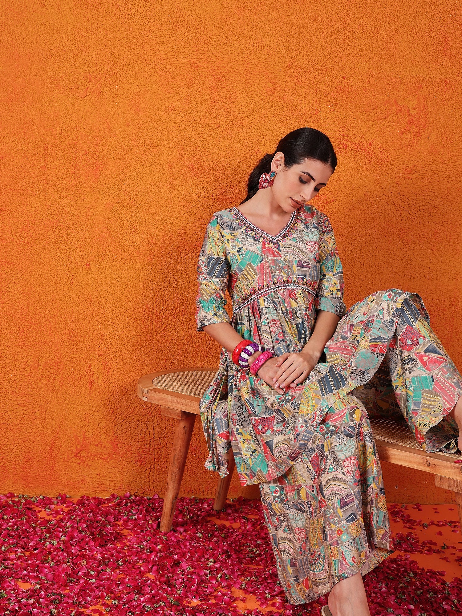 Women Modal, Silk Blend Ethnic Top Palazzo Set