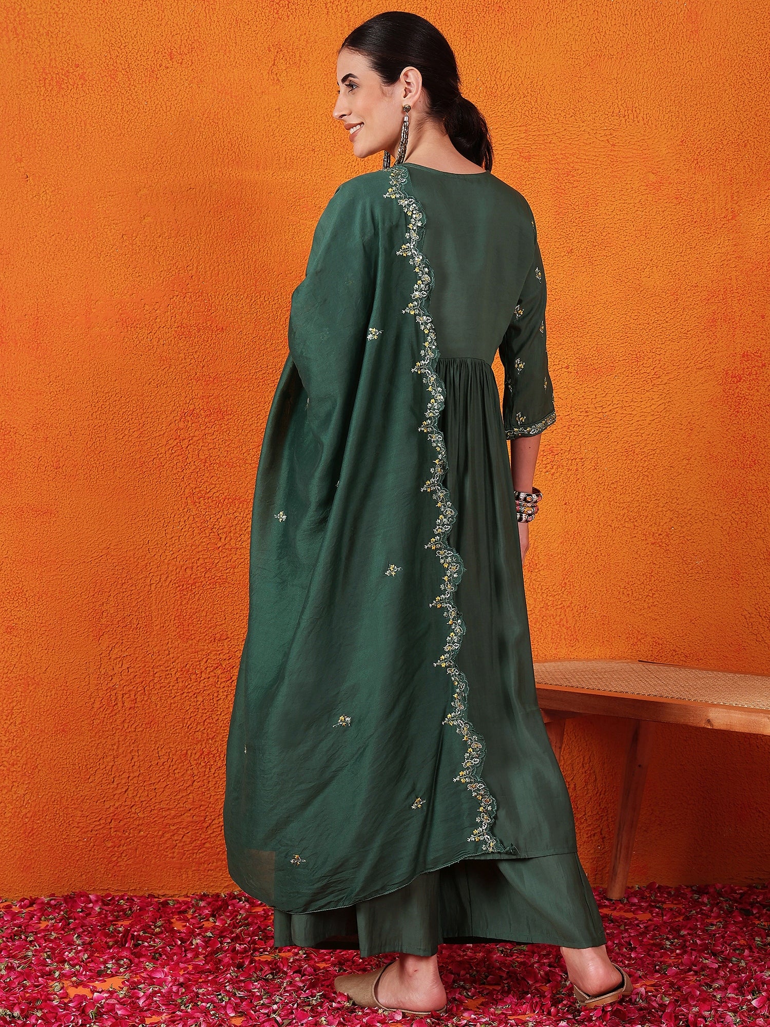 Embroidered Thread Work Pure Silk Kurti With Palazzos & Dupatta