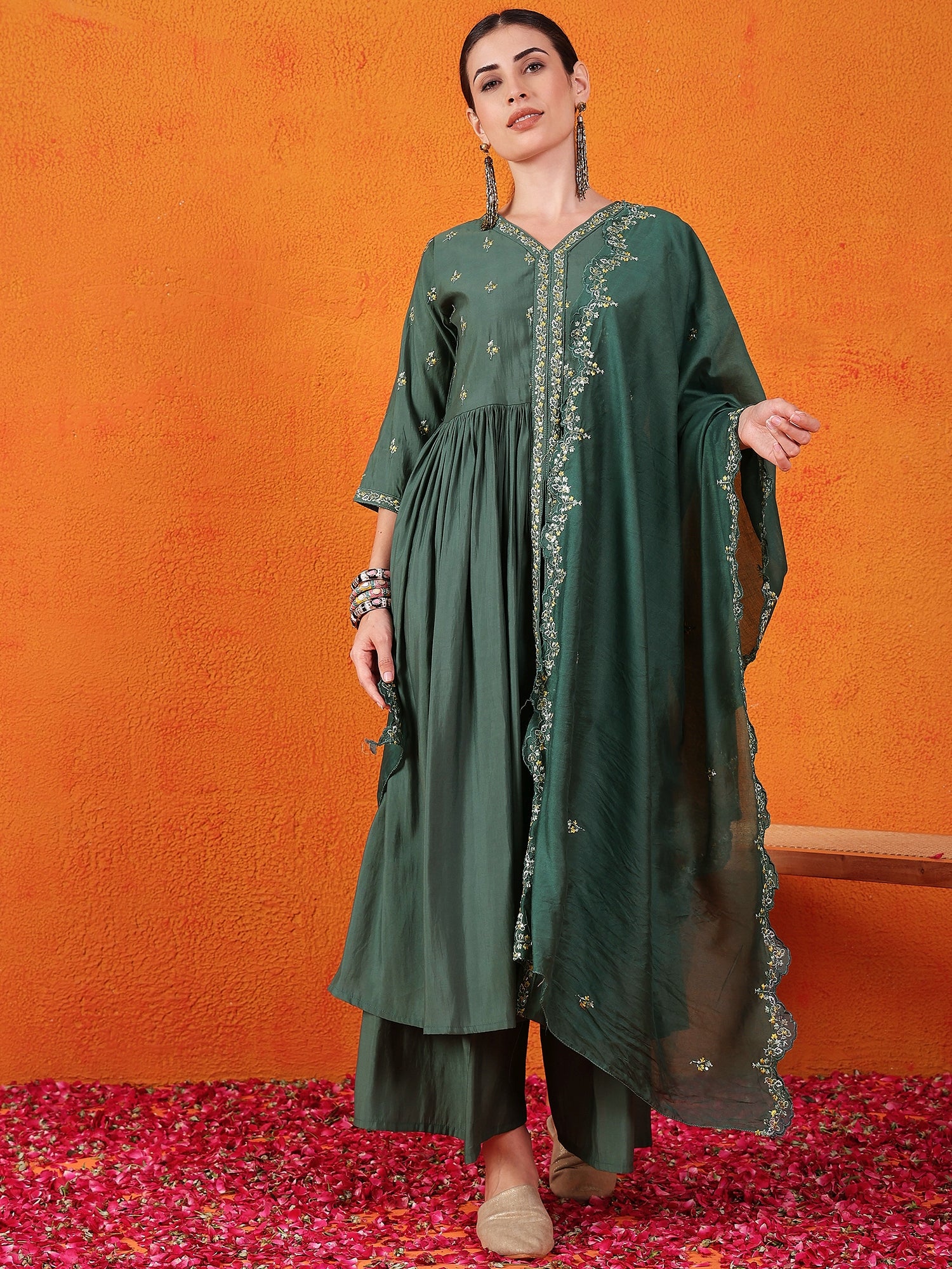 Embroidered Thread Work Pure Silk Kurti With Palazzos & Dupatta