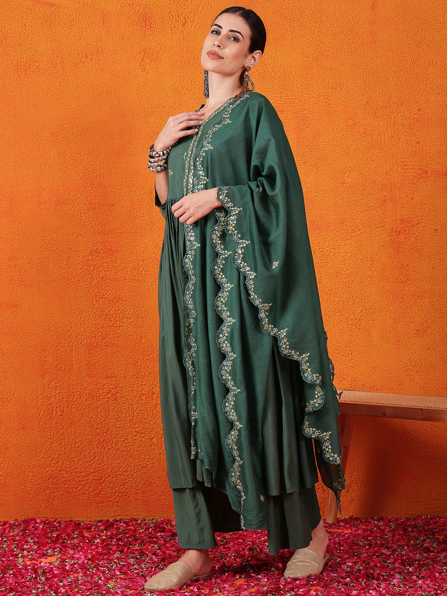 Embroidered Thread Work Pure Silk Kurti With Palazzos & Dupatta