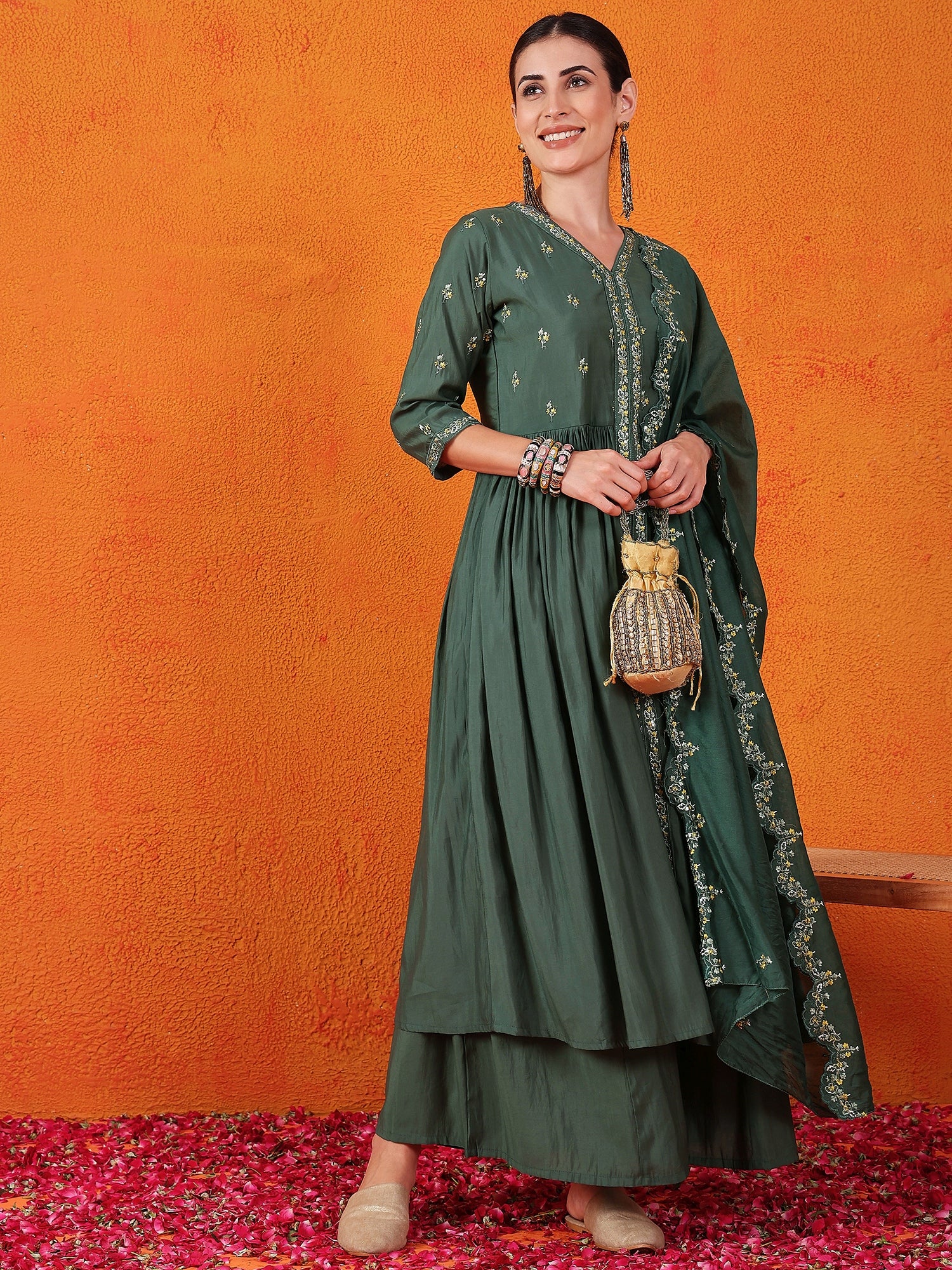 Embroidered Thread Work Pure Silk Kurti With Palazzos & Dupatta