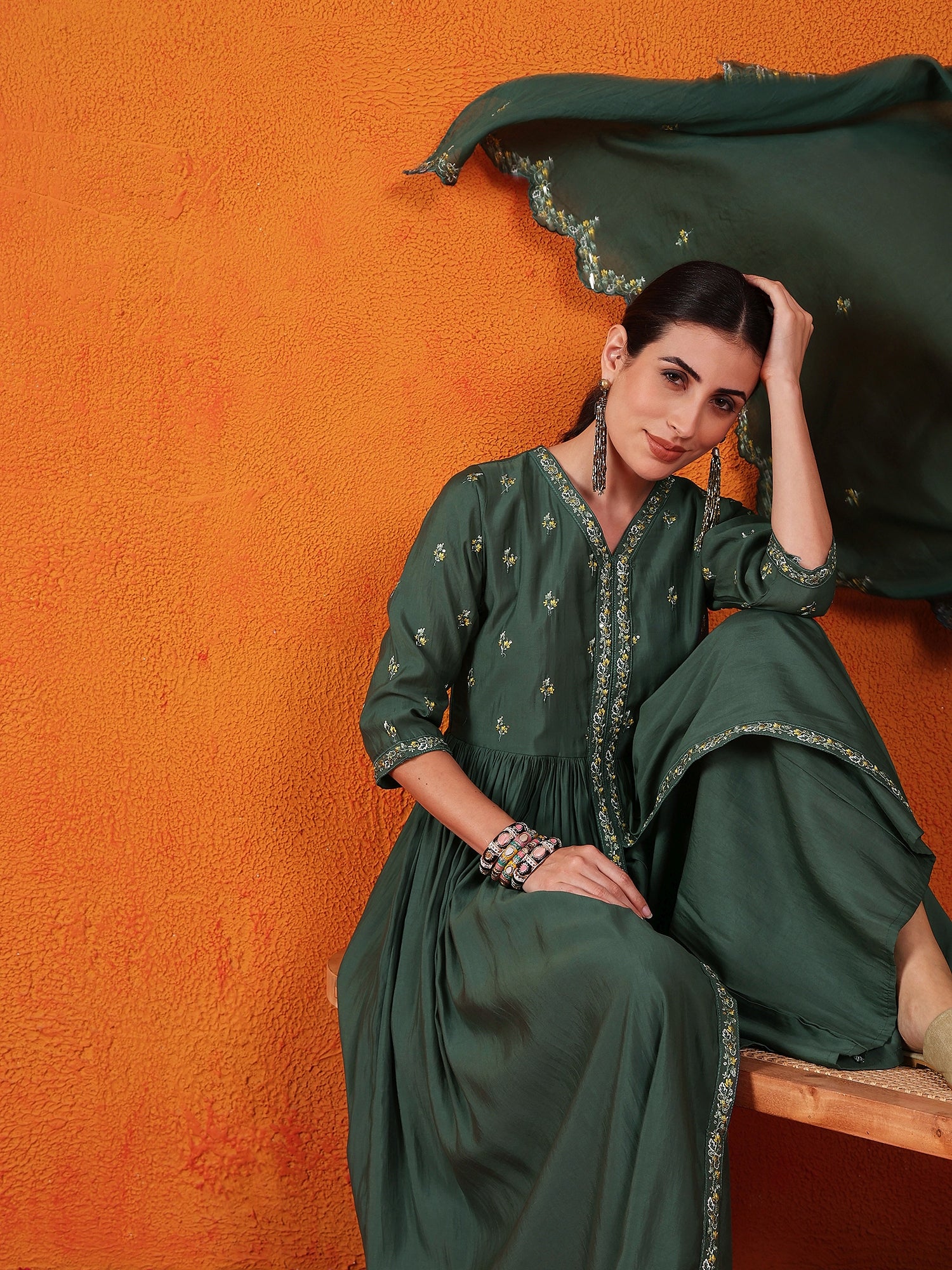 Embroidered Thread Work Pure Silk Kurti With Palazzos & Dupatta
