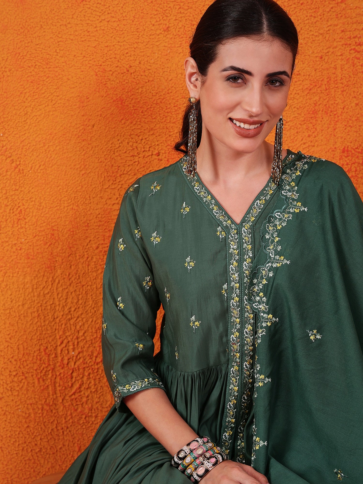 Embroidered Thread Work Pure Silk Kurti With Palazzos & Dupatta