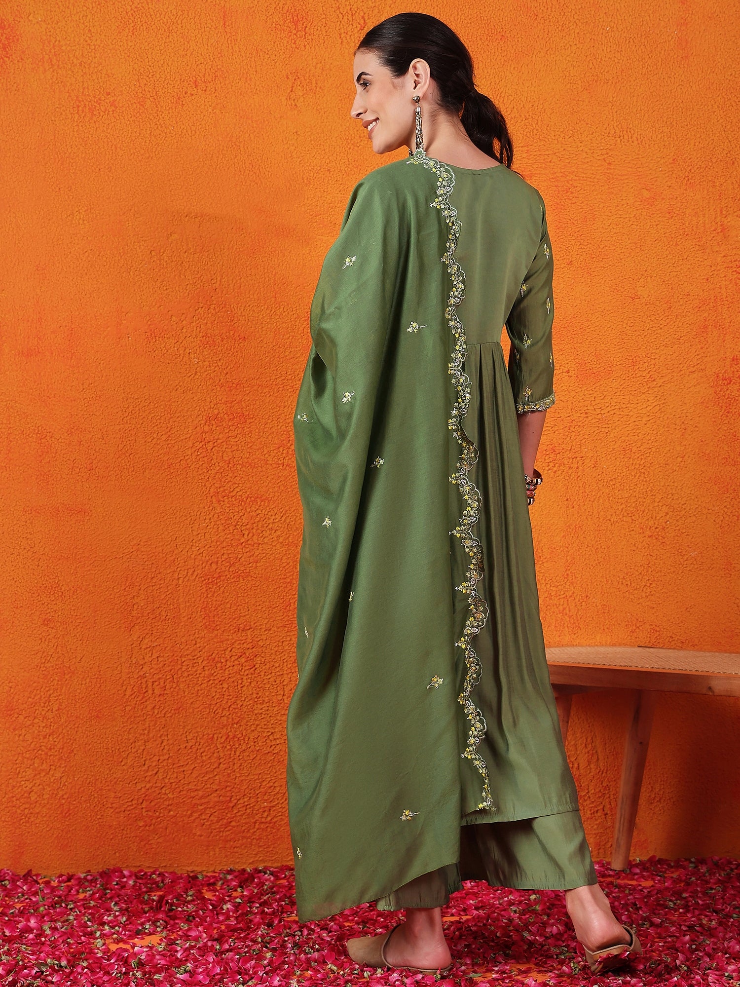 Embroidered Thread Work Pure Silk Kurti With Palazzos & Dupatta