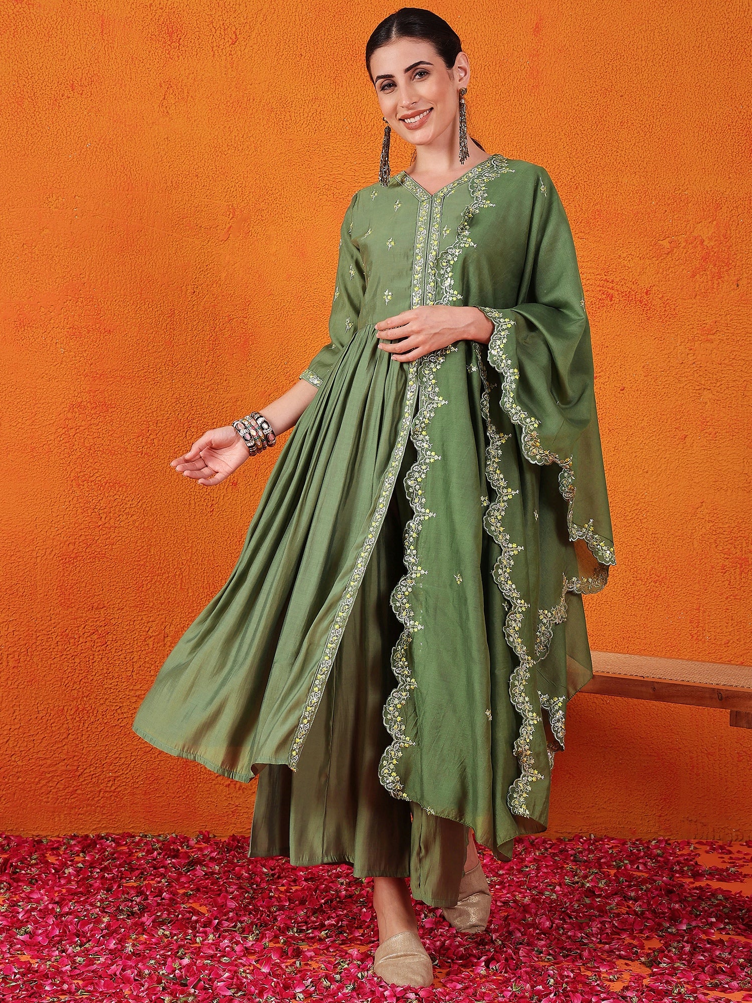 Embroidered Thread Work Pure Silk Kurti With Palazzos & Dupatta