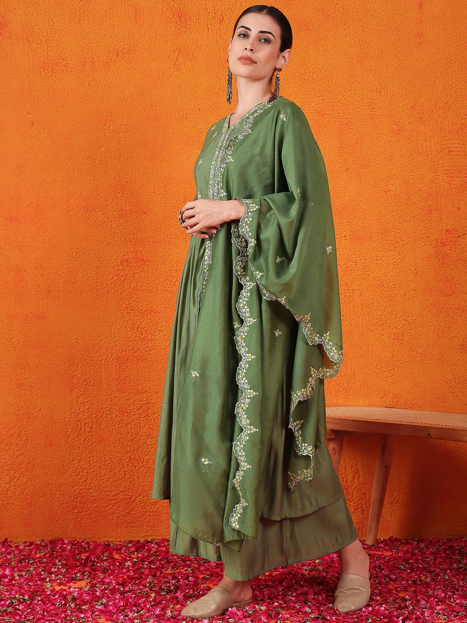 Embroidered Thread Work Pure Silk Kurti With Palazzos & Dupatta