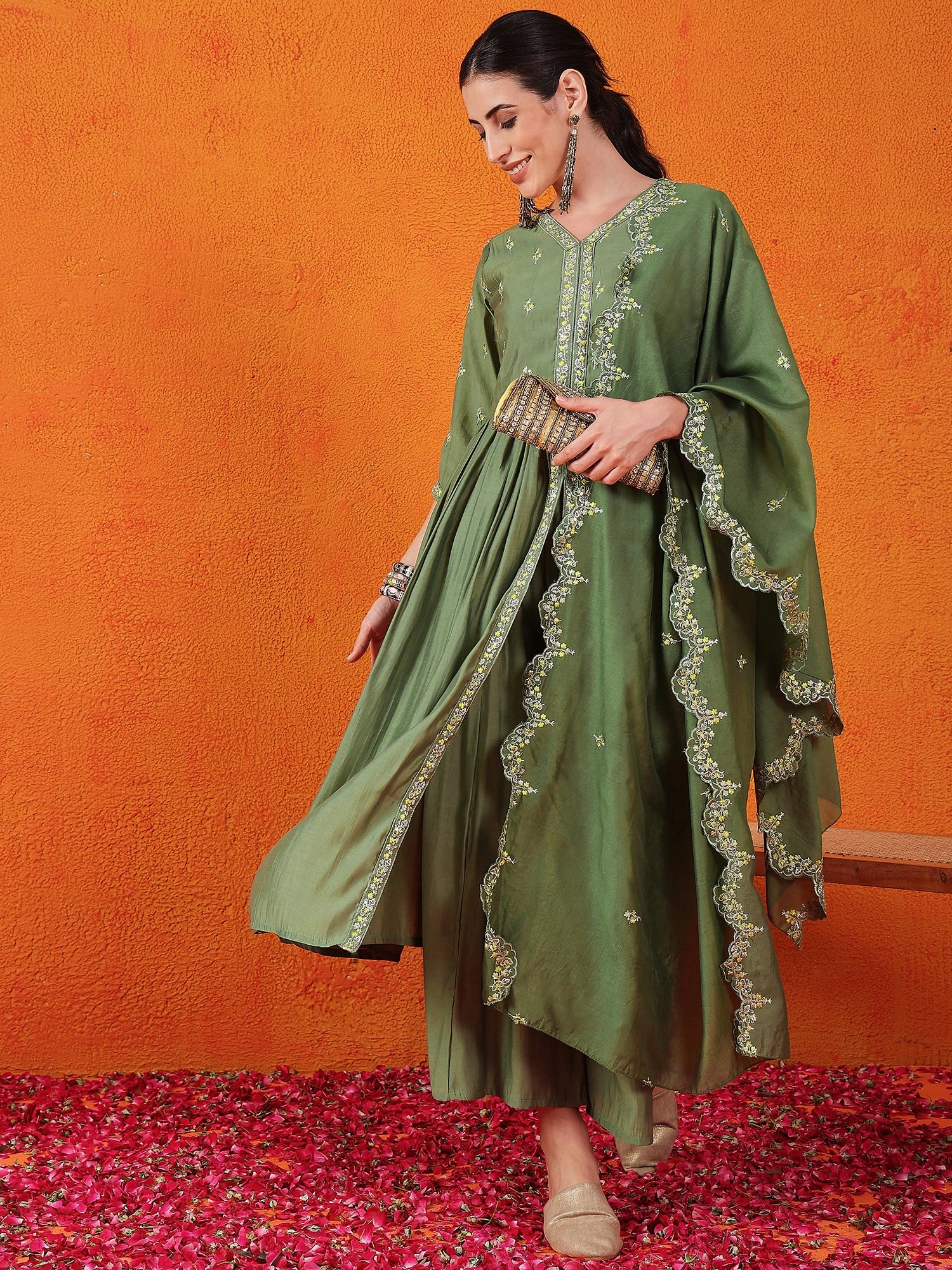 Embroidered Thread Work Pure Silk Kurti With Palazzos & Dupatta