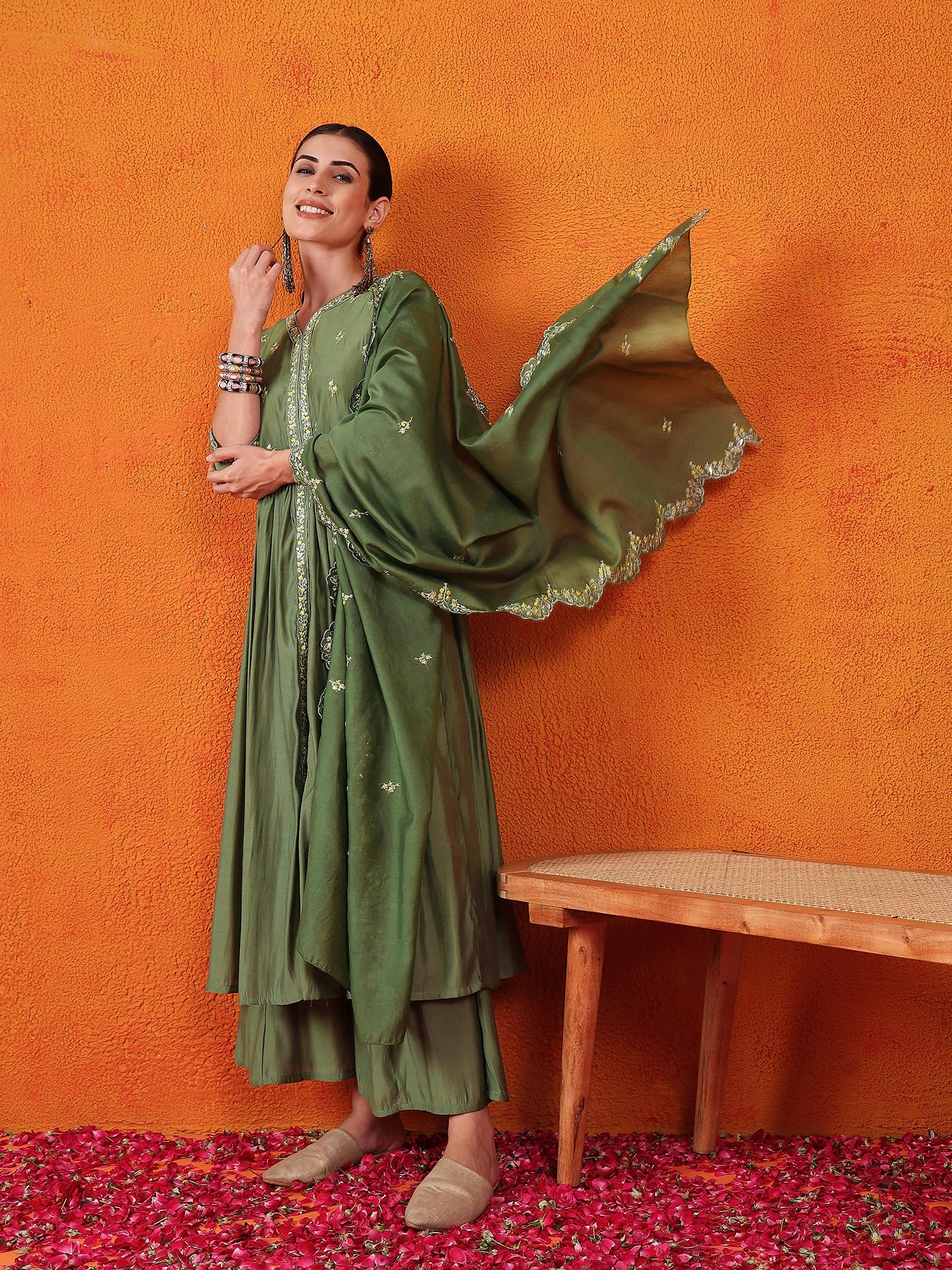 Embroidered Thread Work Pure Silk Kurti With Palazzos & Dupatta