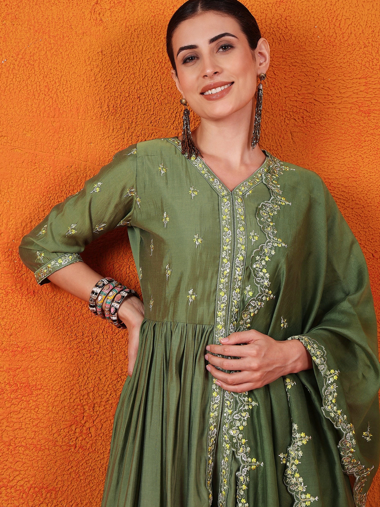 Embroidered Thread Work Pure Silk Kurti With Palazzos & Dupatta