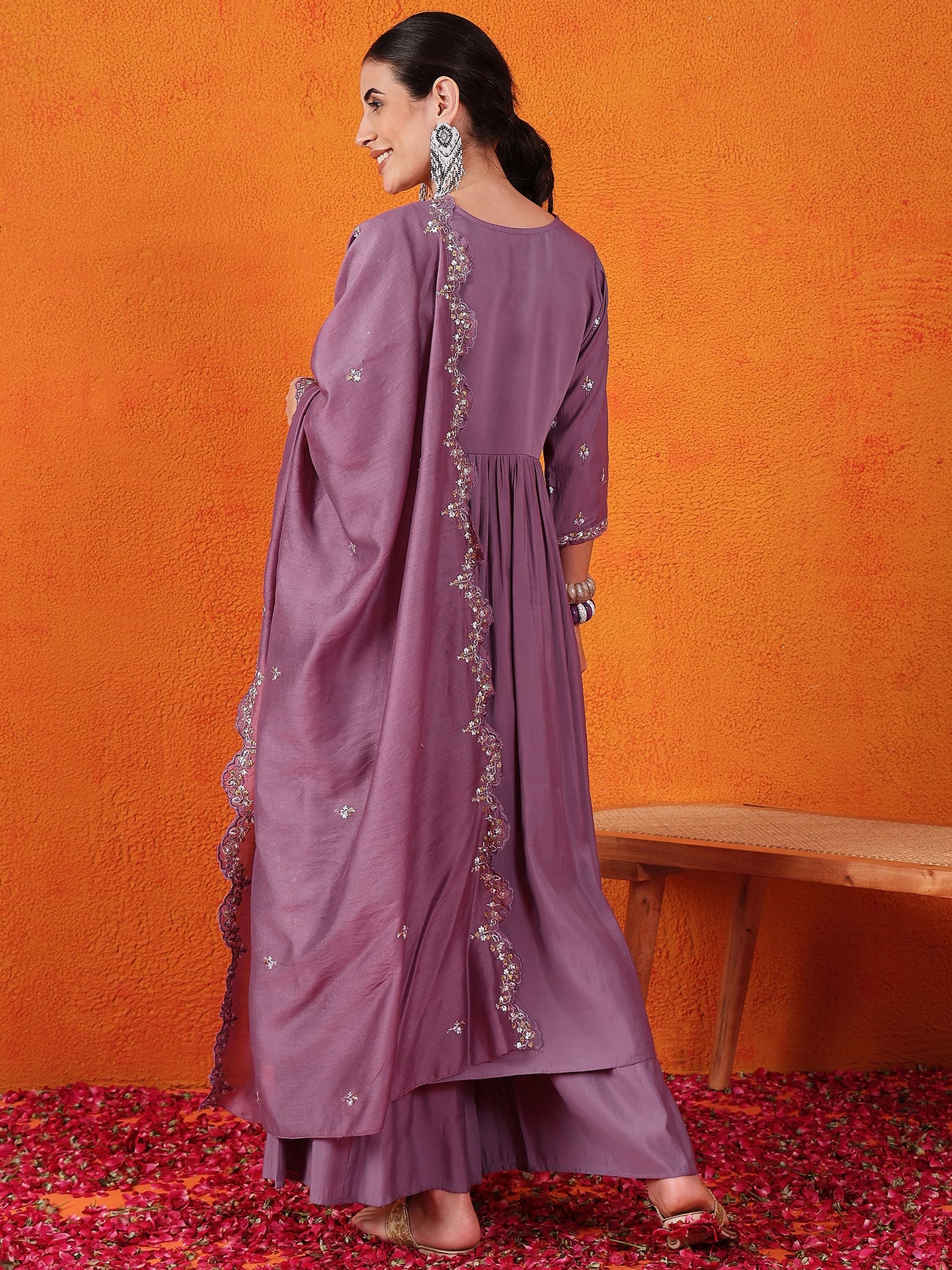 Embroidered Thread Work Pure Silk Kurti With Palazzos & Dupatta