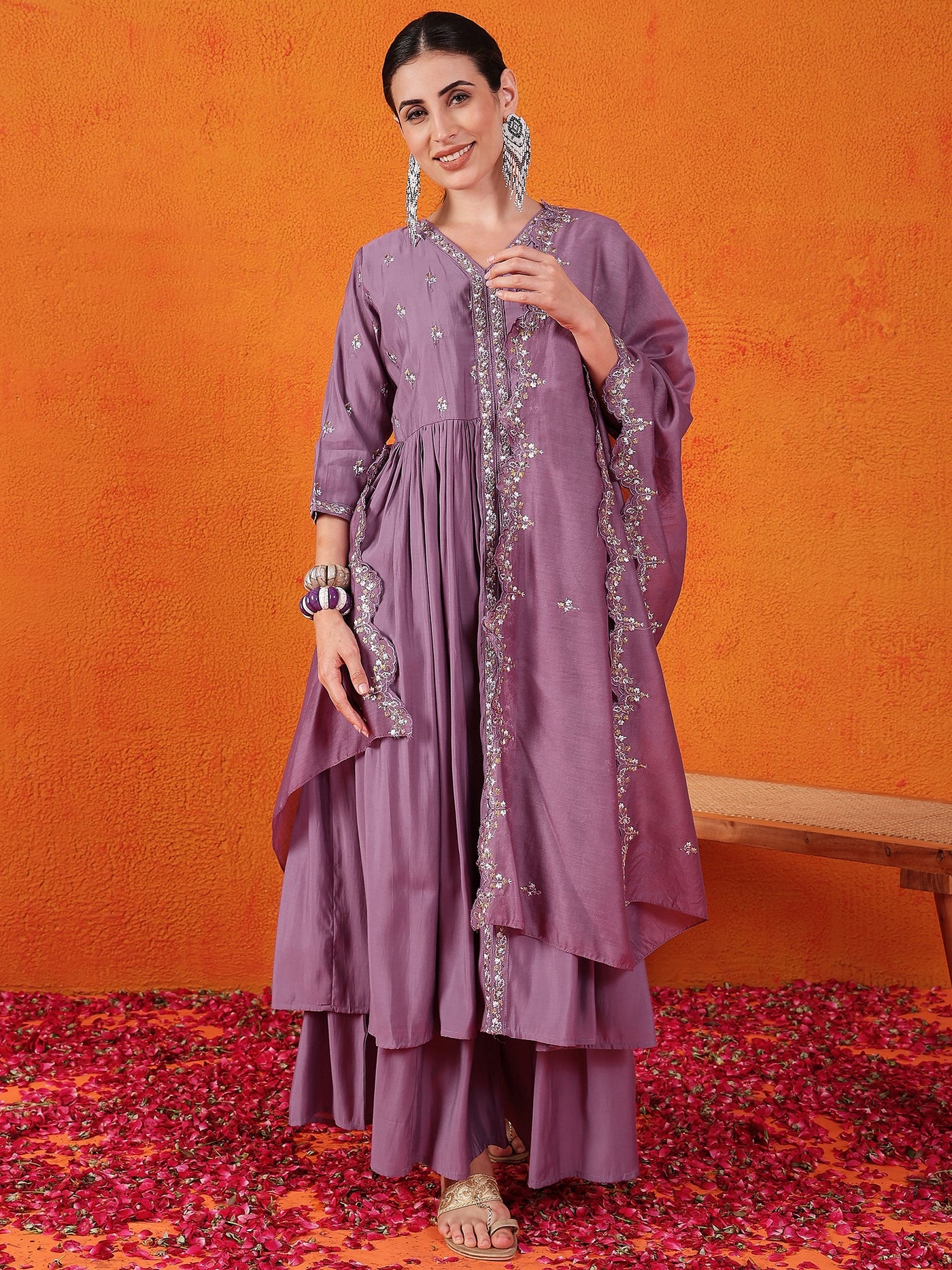 Embroidered Thread Work Pure Silk Kurti With Palazzos & Dupatta