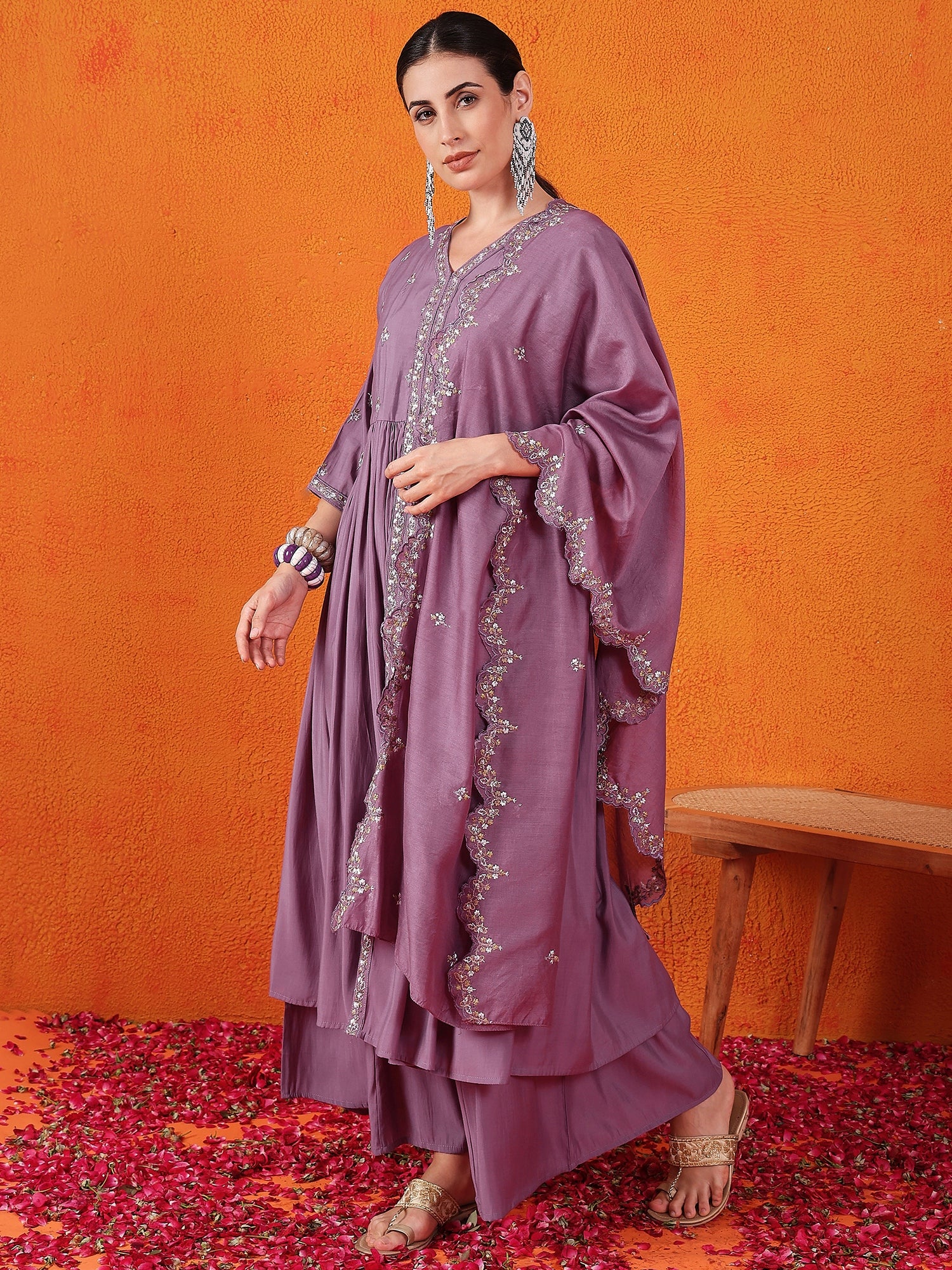 Embroidered Thread Work Pure Silk Kurti With Palazzos & Dupatta