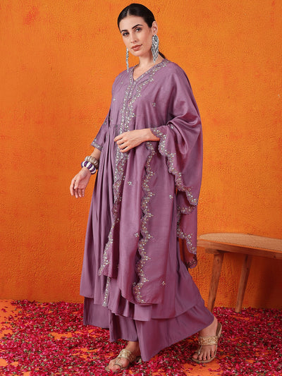 Embroidered Thread Work Pure Silk Kurti With Palazzos & Dupatta