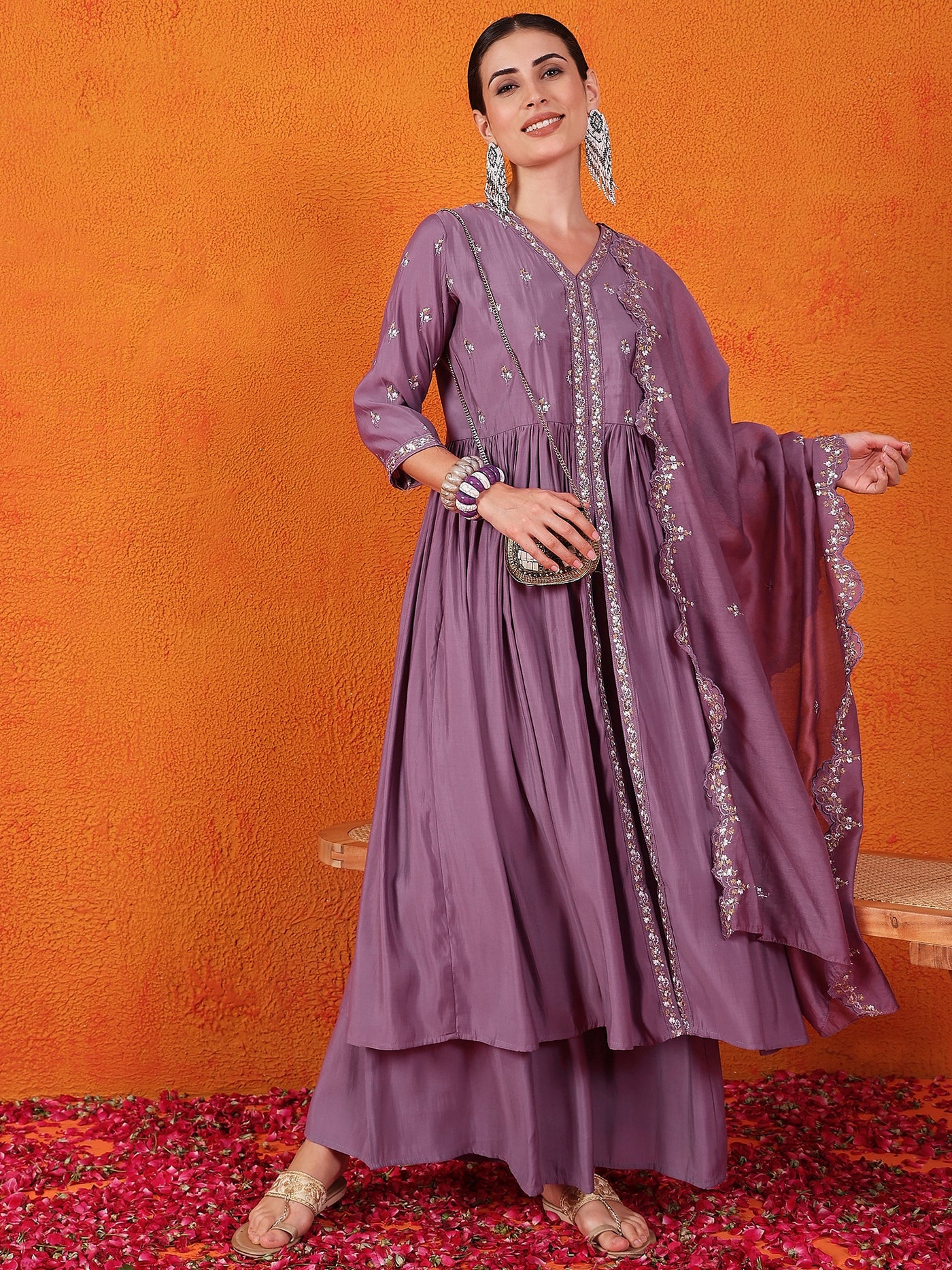 Embroidered Thread Work Pure Silk Kurti With Palazzos & Dupatta