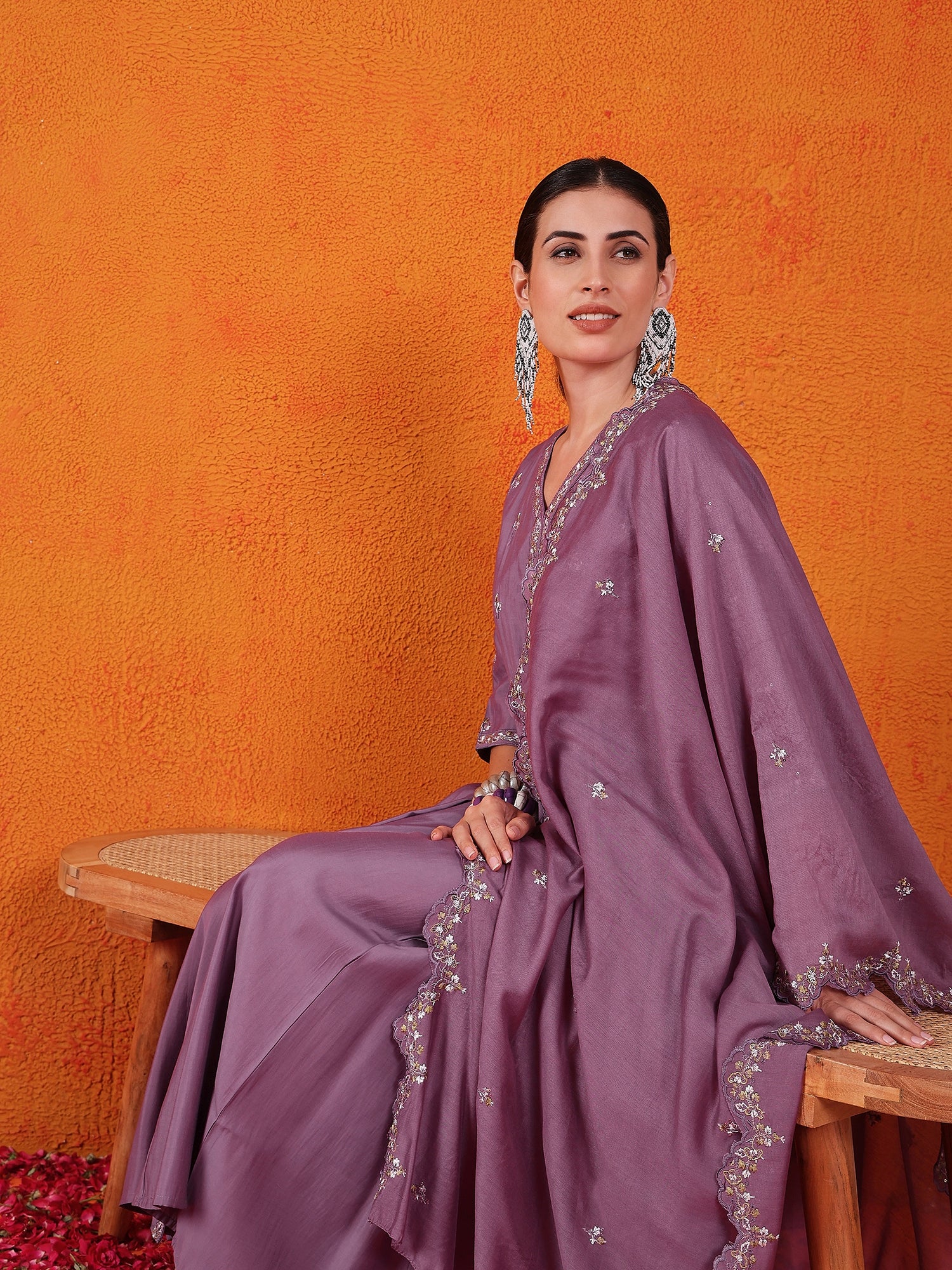Embroidered Thread Work Pure Silk Kurti With Palazzos & Dupatta