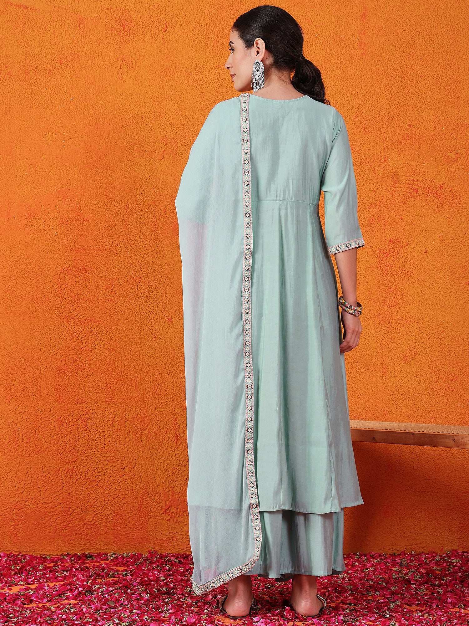 Embroidered Hand Work Silk Kurti With Palazzos & Dupatta