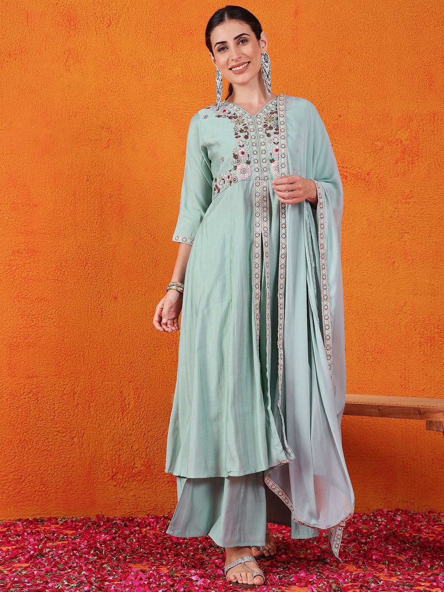 Embroidered Hand Work Silk Kurti With Palazzos & Dupatta