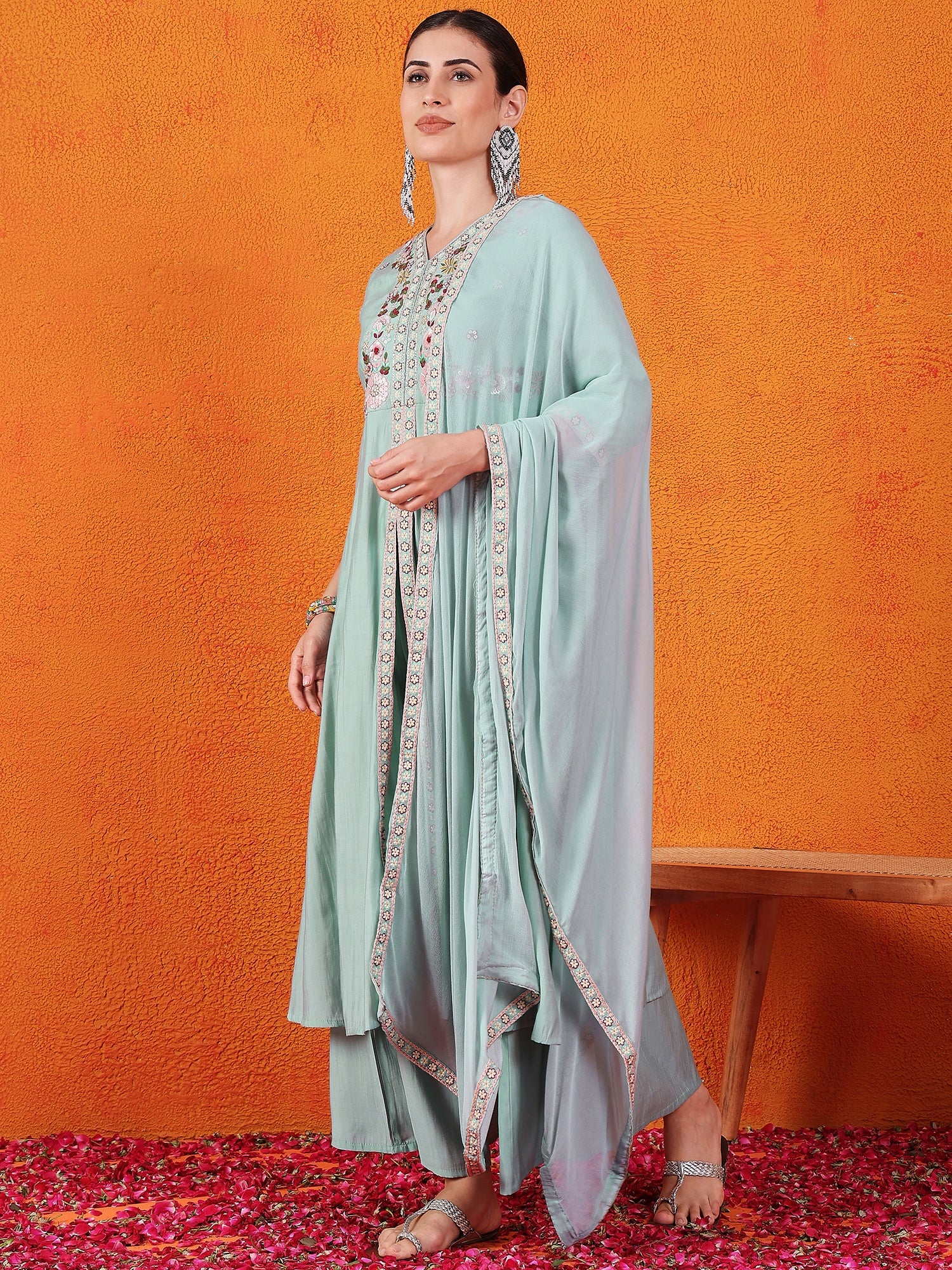 Embroidered Hand Work Silk Kurti With Palazzos & Dupatta