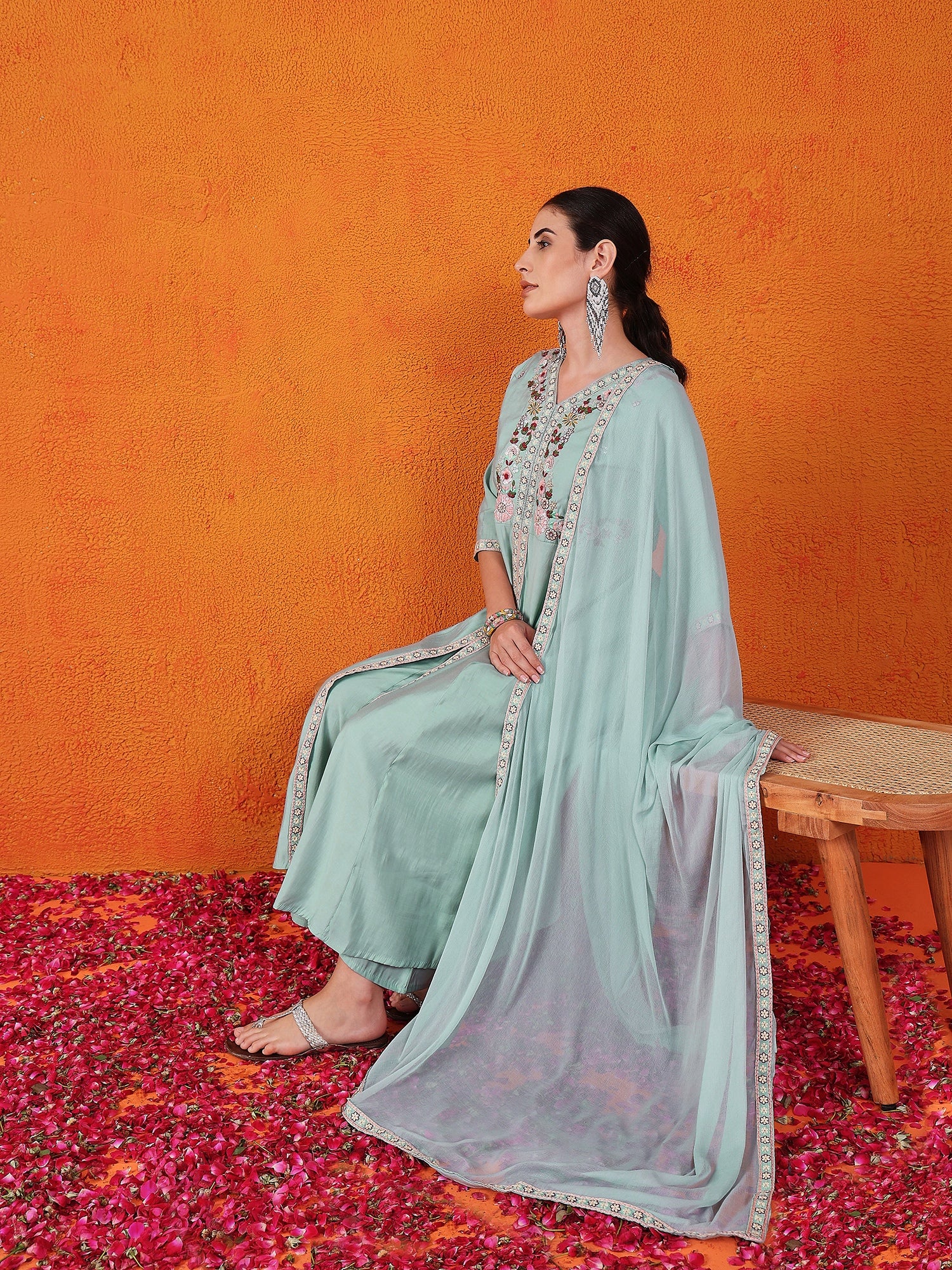 Embroidered Hand Work Silk Kurti With Palazzos & Dupatta