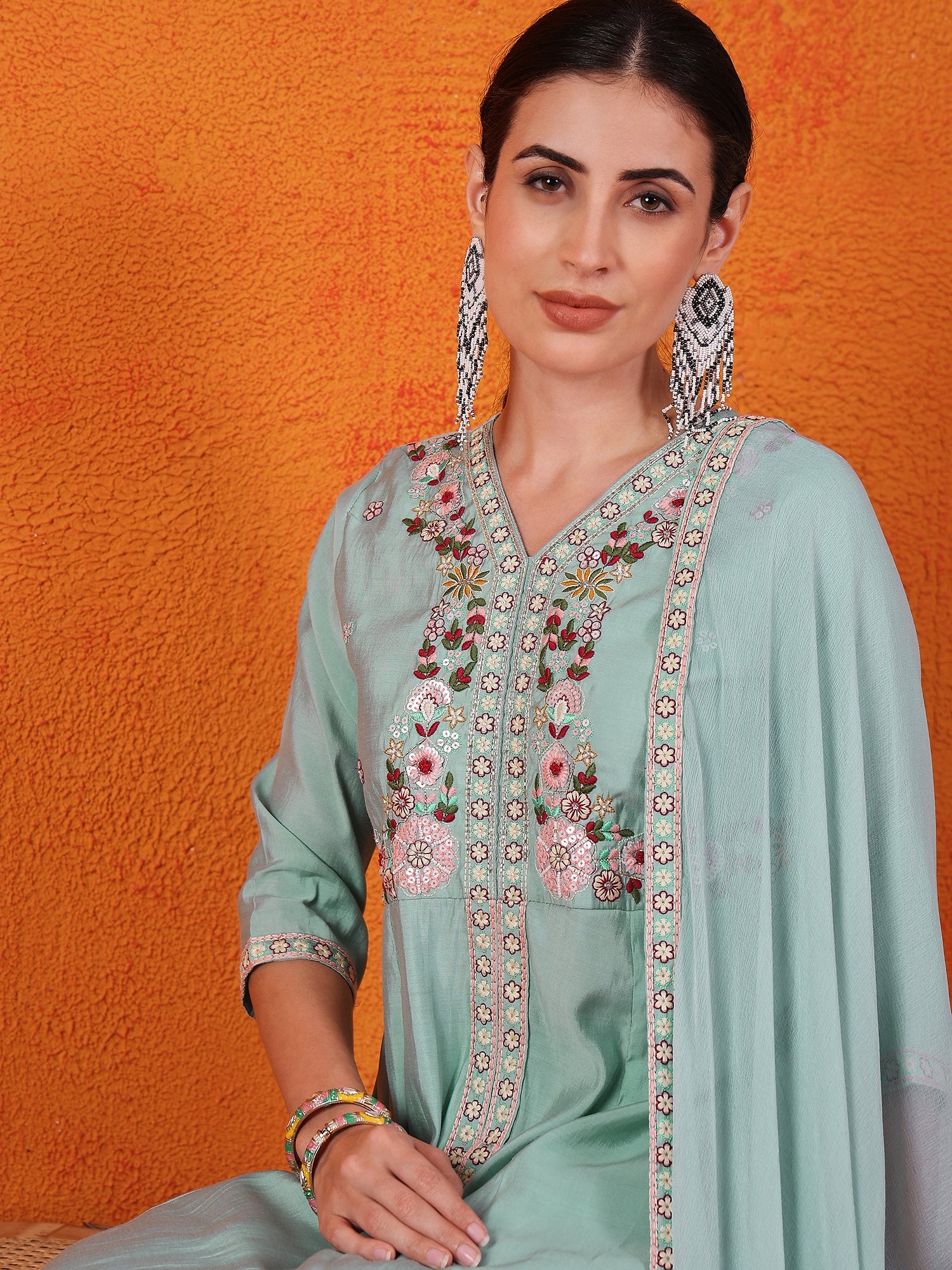 Embroidered Hand Work Silk Kurti With Palazzos & Dupatta