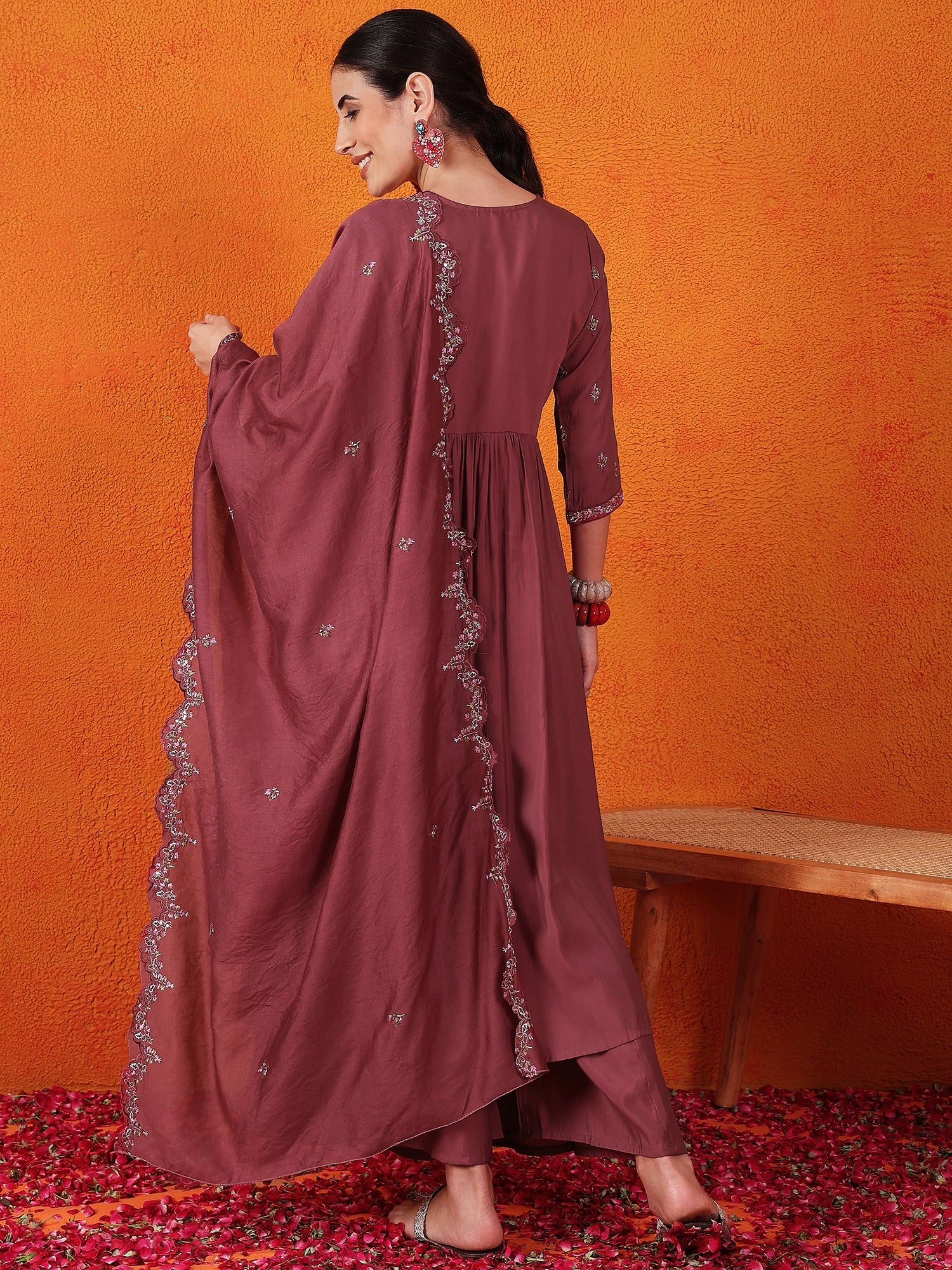 Embroidered Thread Work Pure Silk Kurti With Palazzos & Dupatta