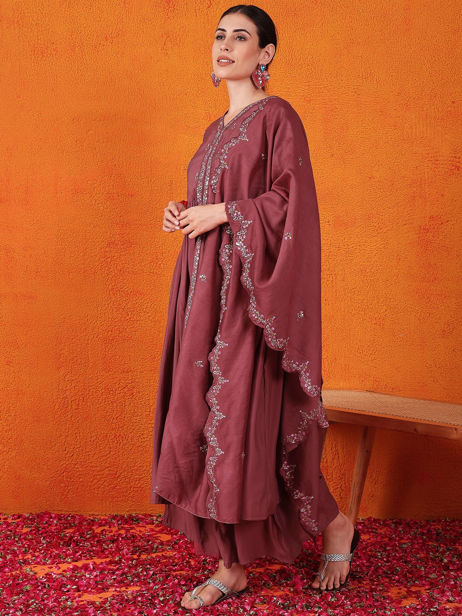 Embroidered Thread Work Pure Silk Kurti With Palazzos & Dupatta