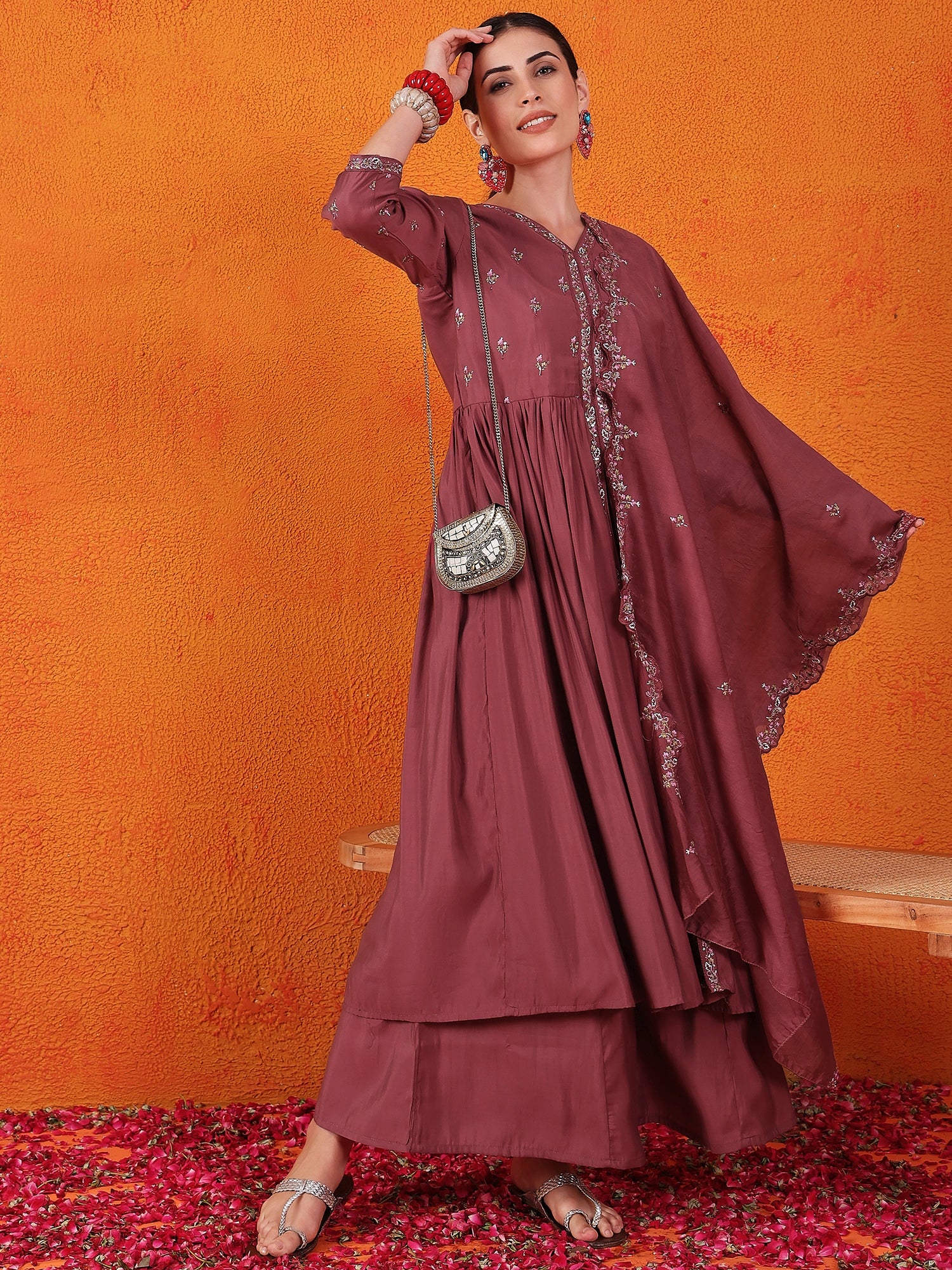 Embroidered Thread Work Pure Silk Kurti With Palazzos & Dupatta