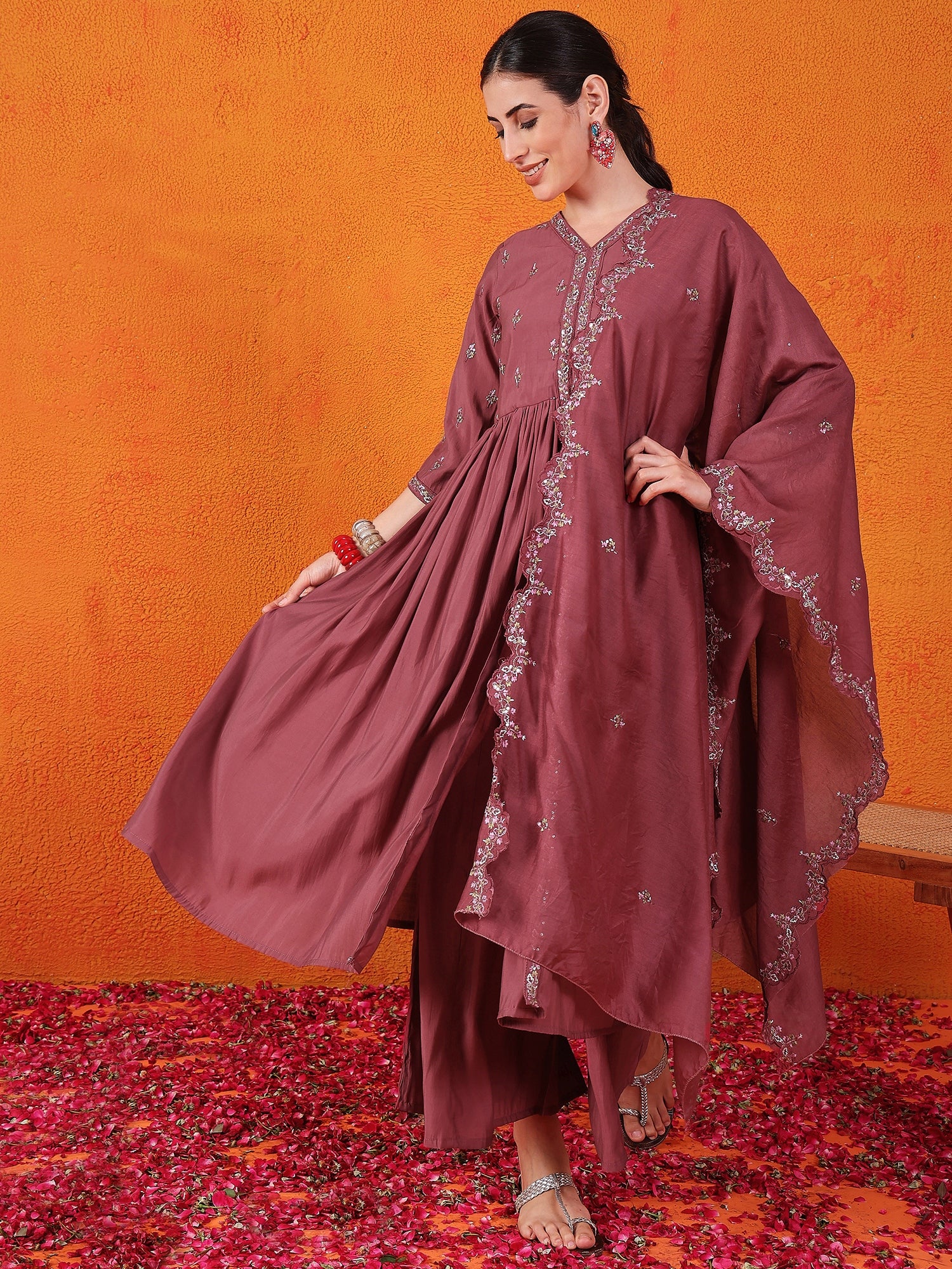 Embroidered Thread Work Pure Silk Kurti With Palazzos & Dupatta