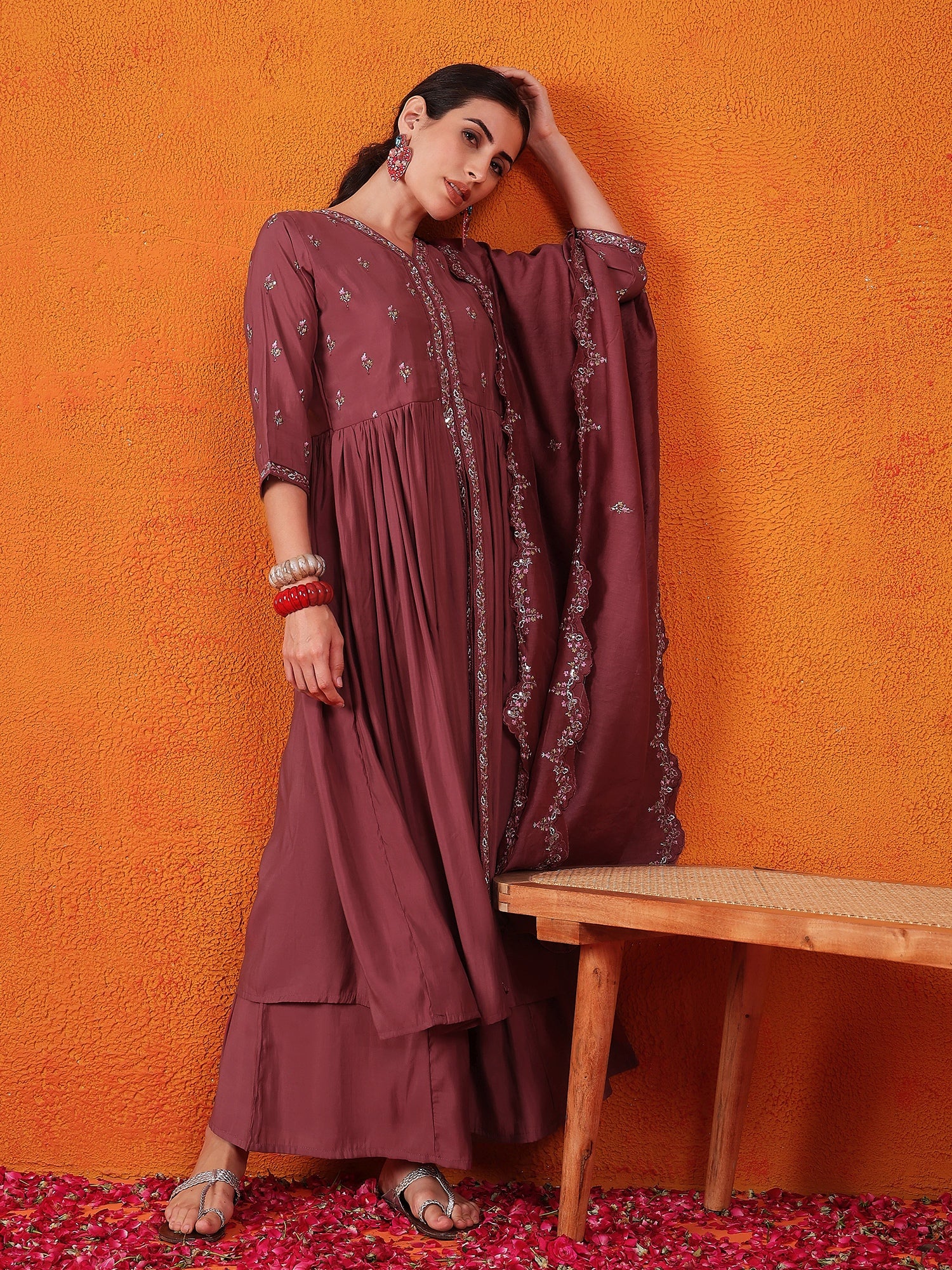 Embroidered Thread Work Pure Silk Kurti With Palazzos & Dupatta