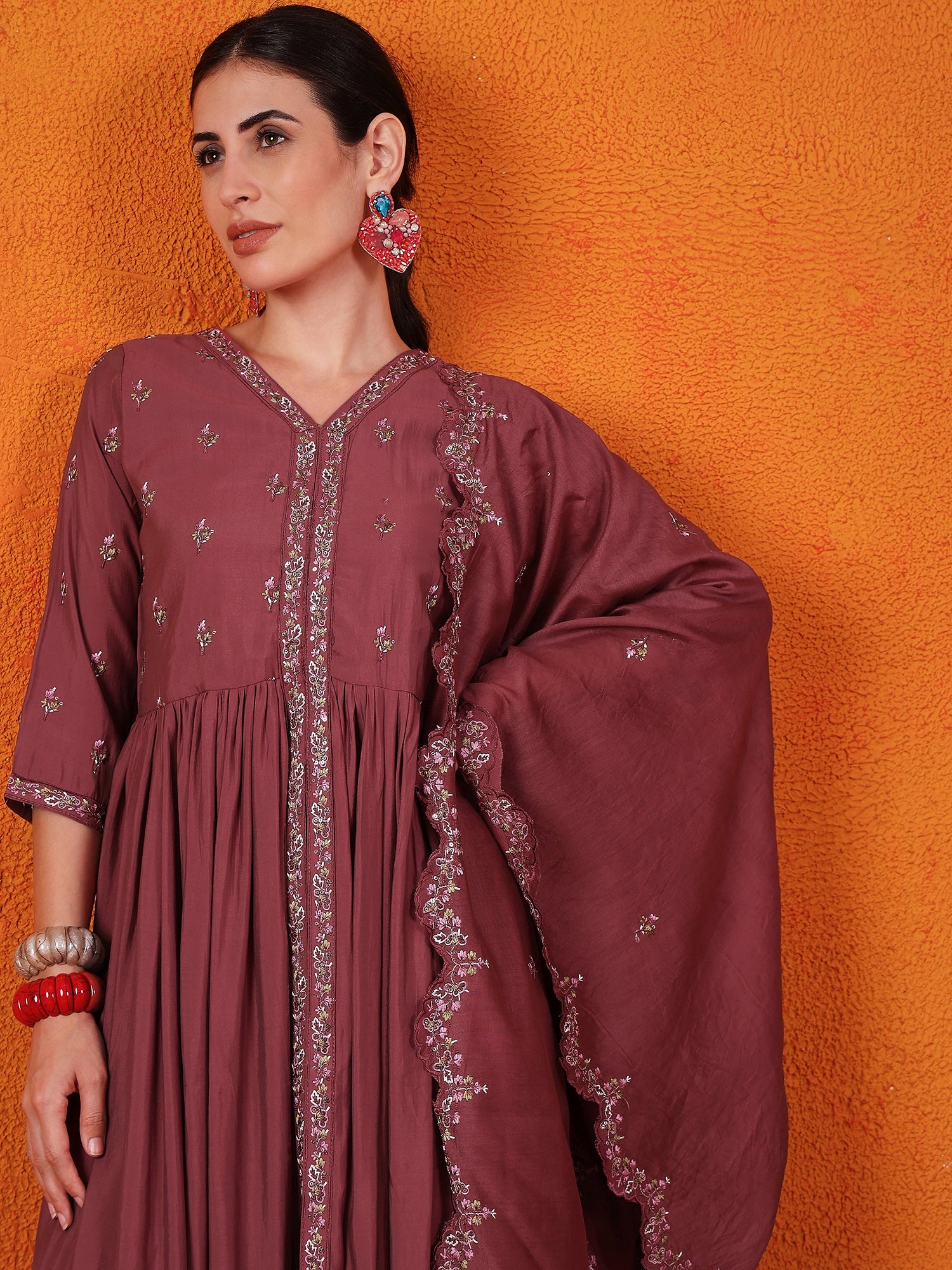 Embroidered Thread Work Pure Silk Kurti With Palazzos & Dupatta