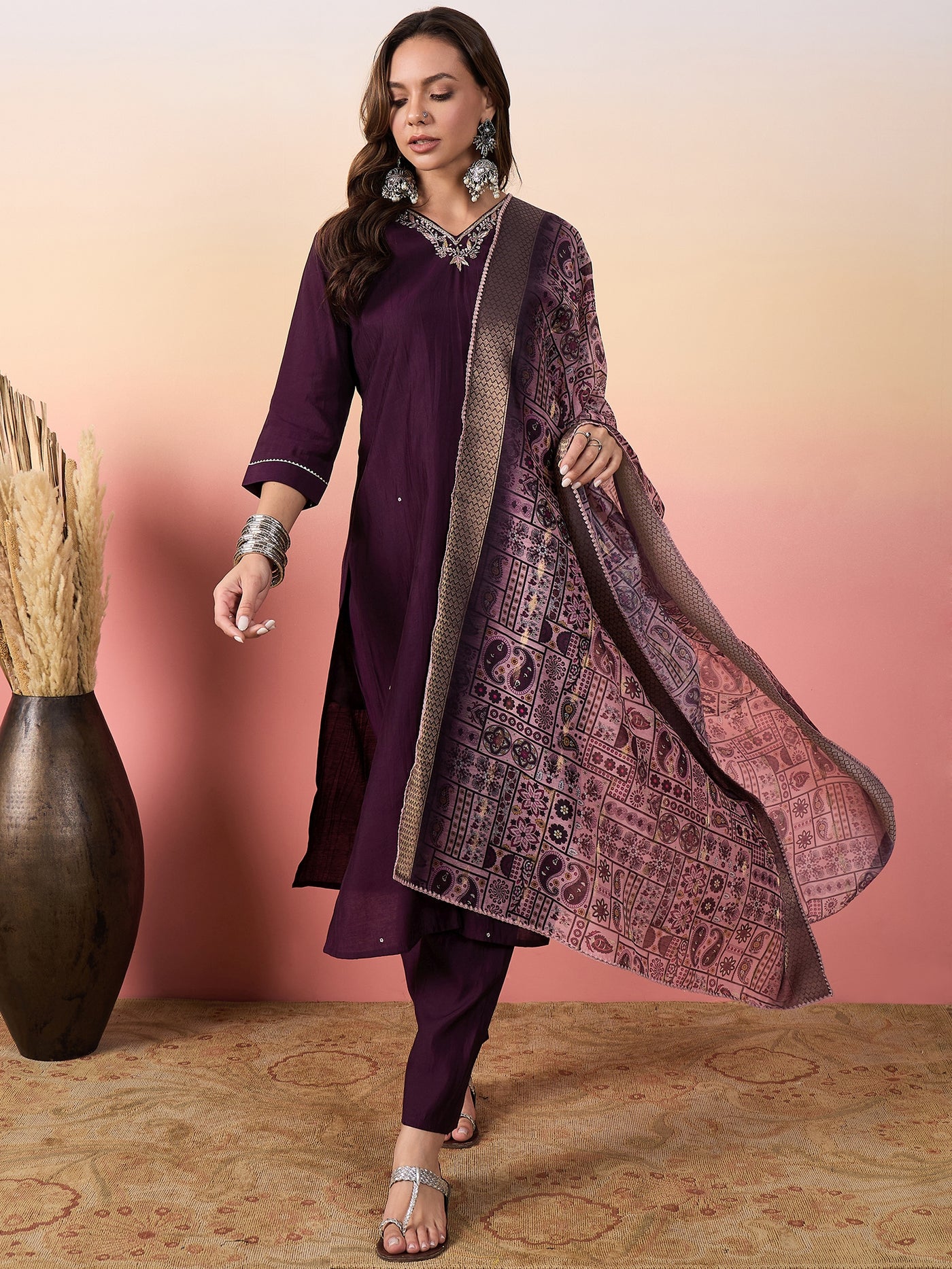 Floral Embroidered V-Neck Thread Work Pure Silk Straight Kurta Set