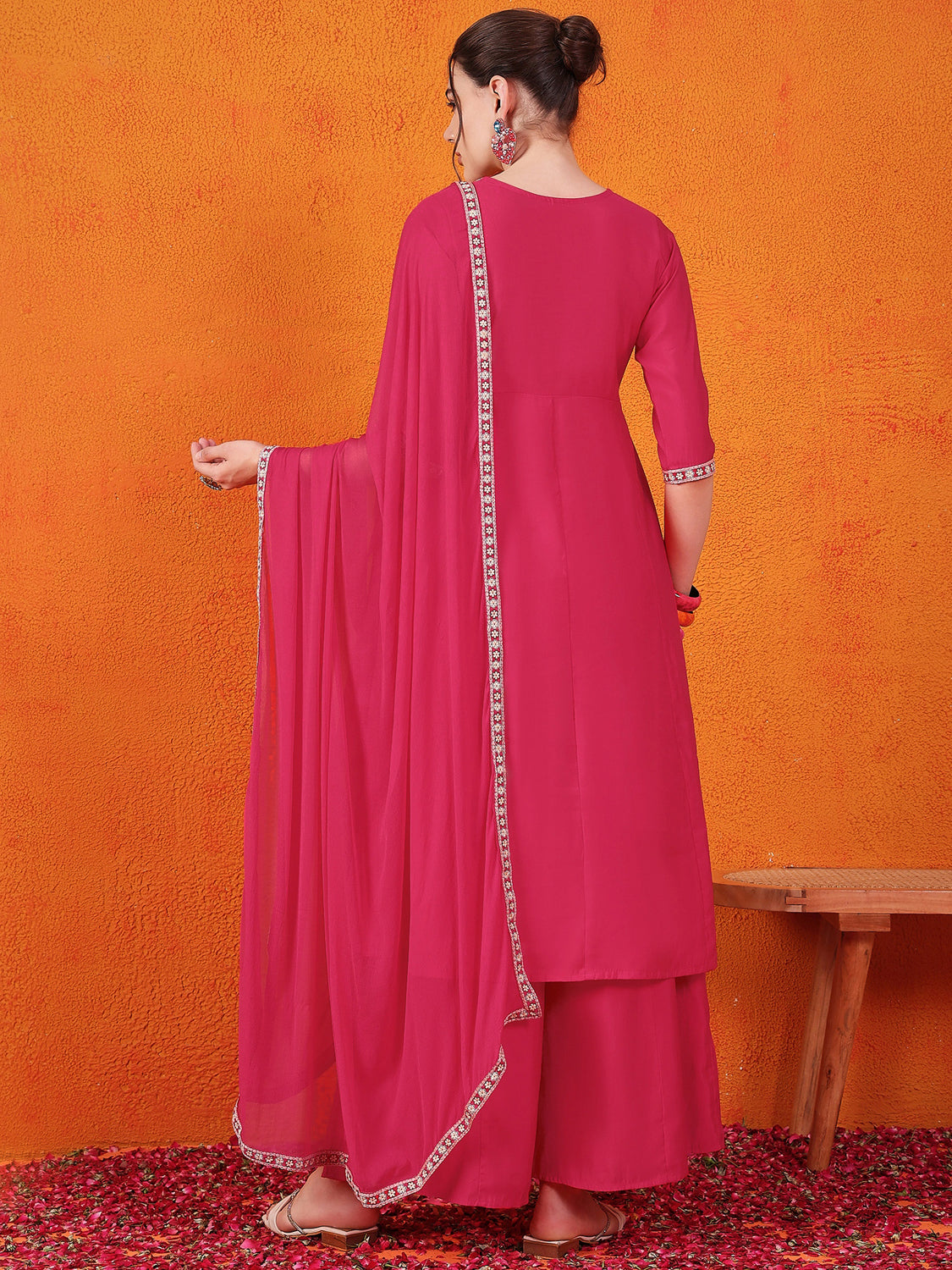 Embroidered Hand Work Silk Kurti With Palazzos & Dupatta