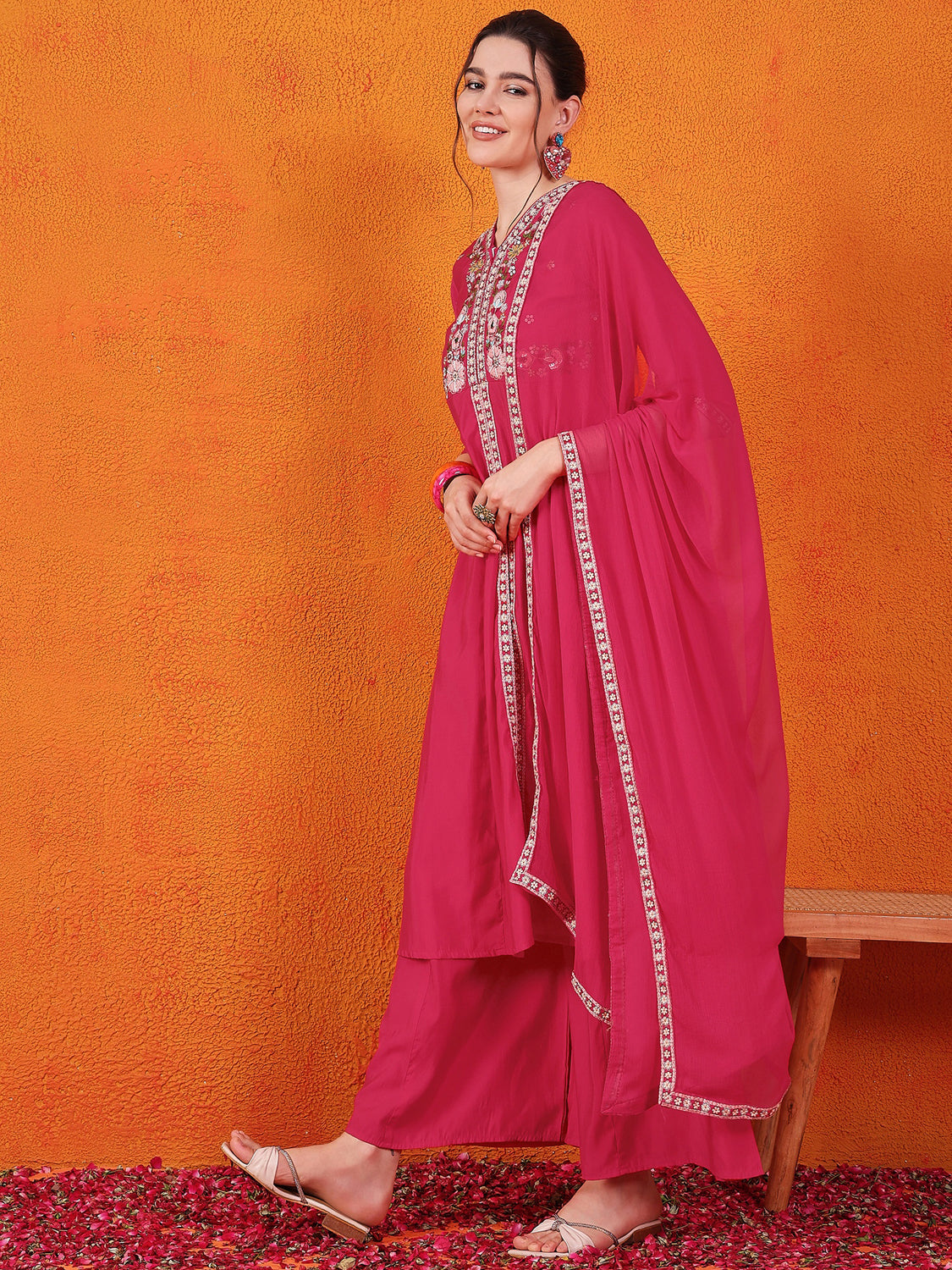 Embroidered Hand Work Silk Kurti With Palazzos & Dupatta