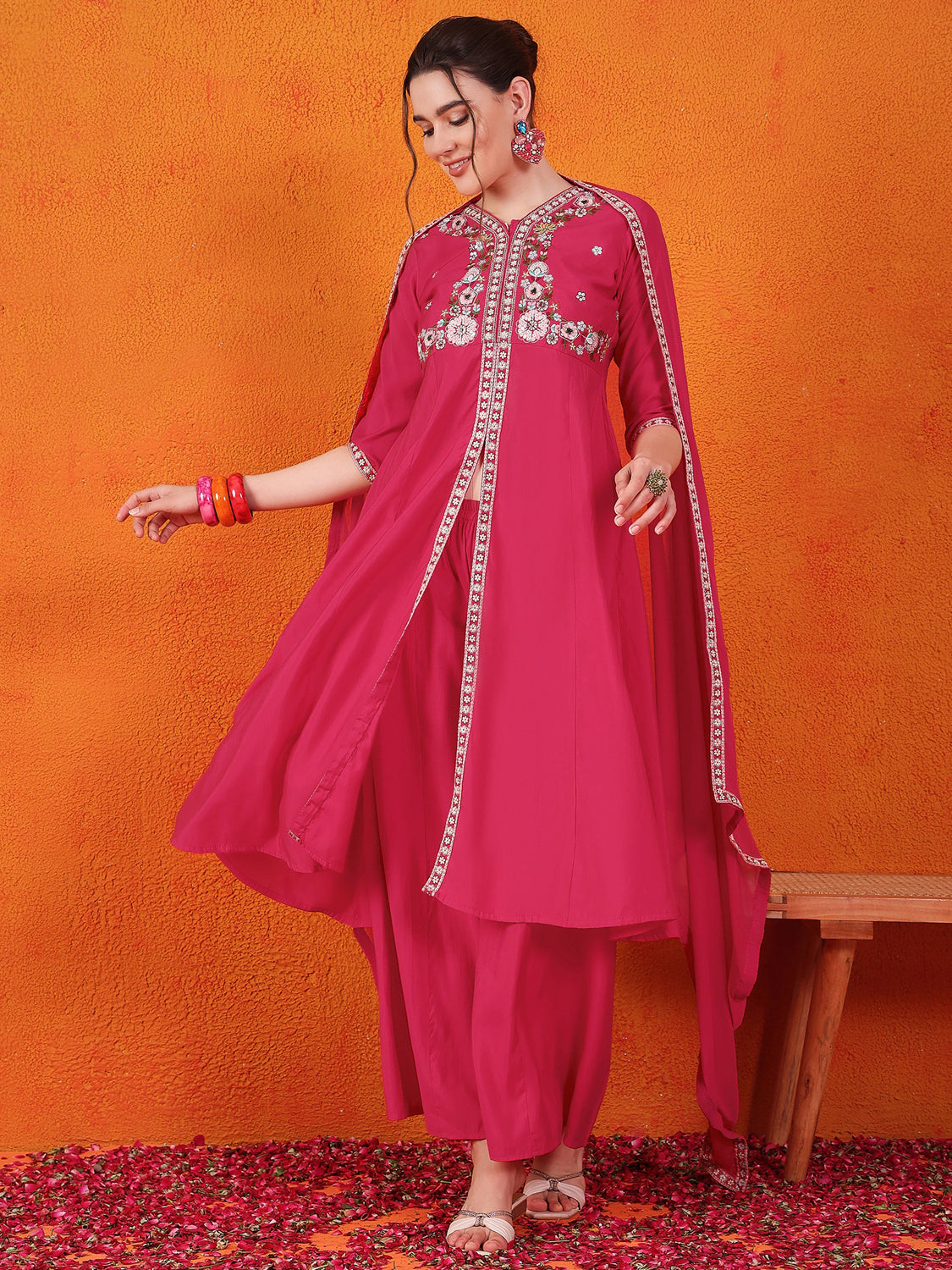 Embroidered Hand Work Silk Kurti With Palazzos & Dupatta