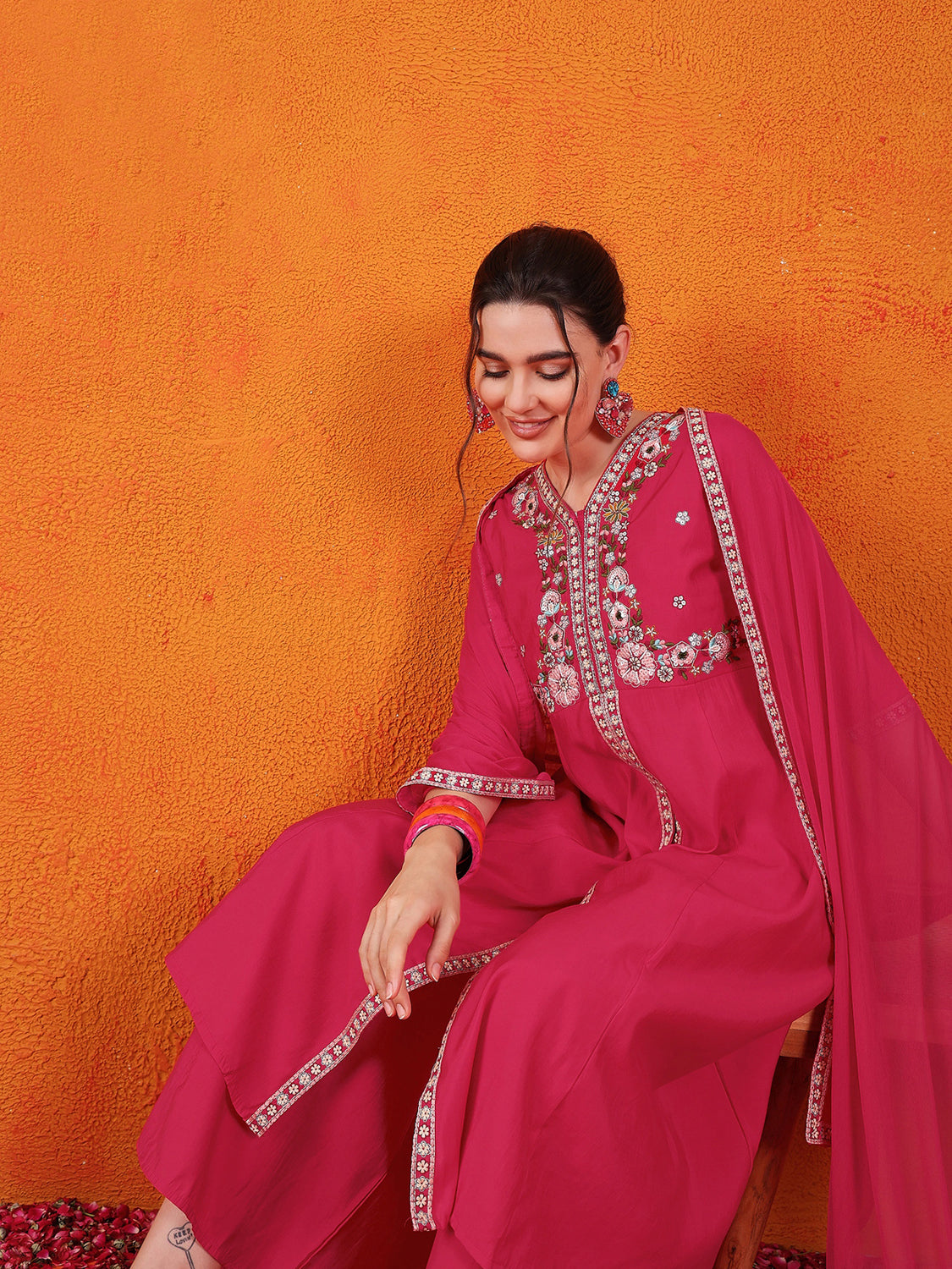 Embroidered Hand Work Silk Kurti With Palazzos & Dupatta