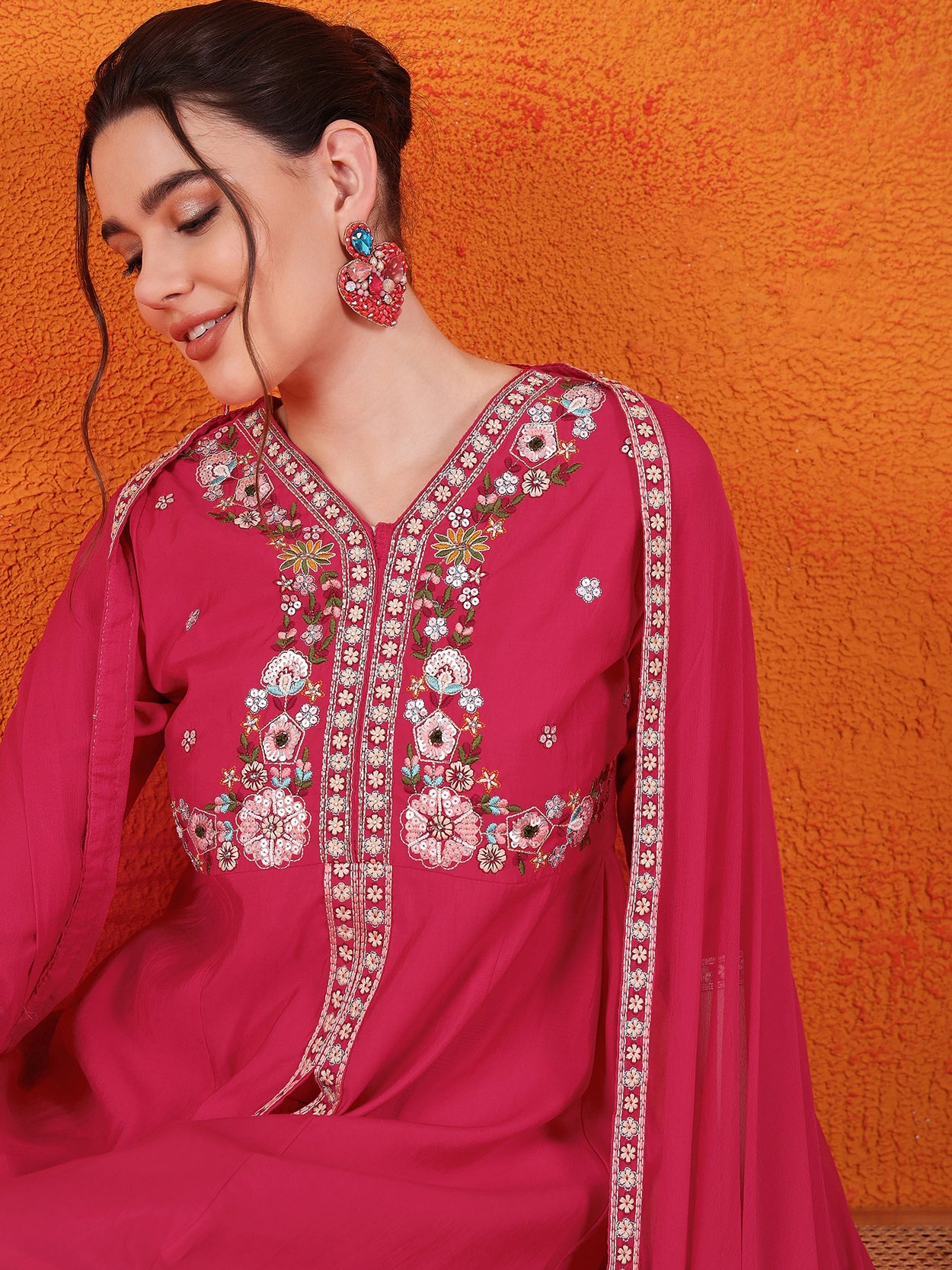 Embroidered Hand Work Silk Kurti With Palazzos & Dupatta