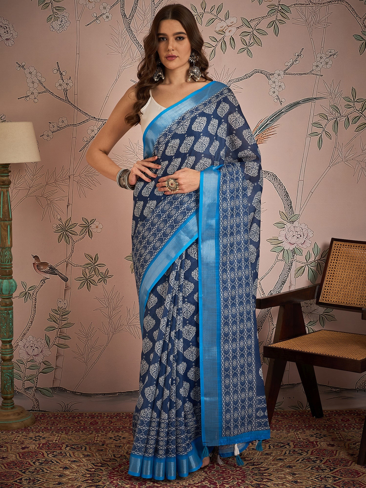 Ajrak Block Zari Linen Blend Saree