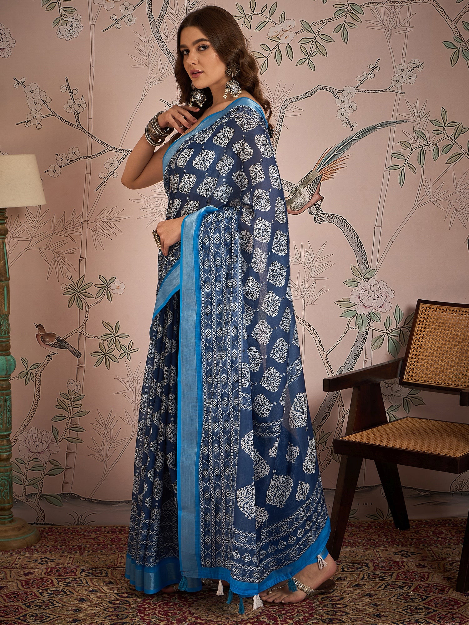Ajrak Block Zari Linen Blend Saree