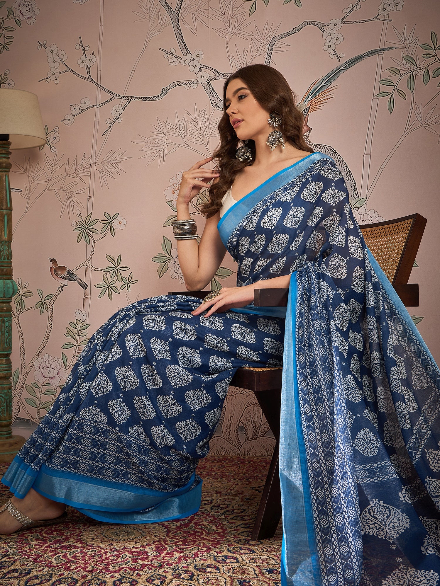 Ajrak Block Zari Linen Blend Saree