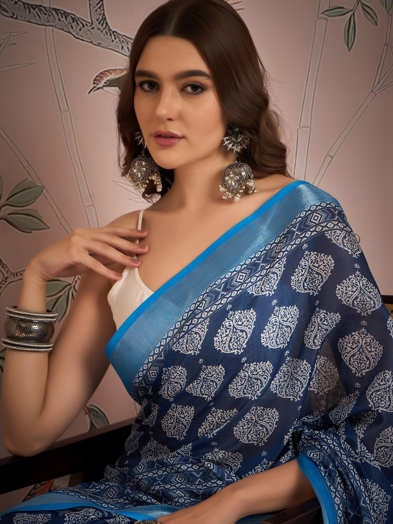 Ajrak Block Zari Linen Blend Saree