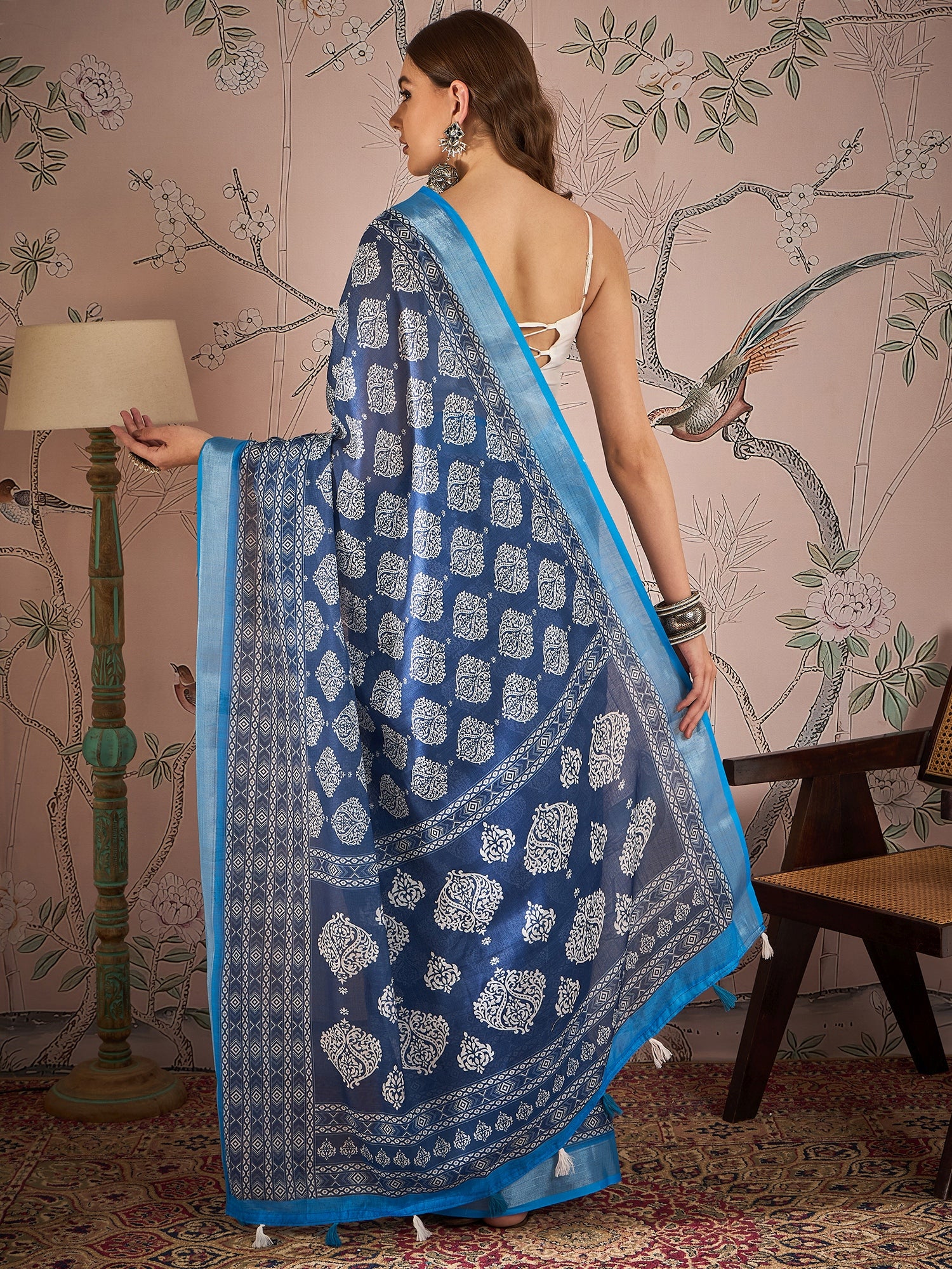 Ajrak Block Zari Linen Blend Saree
