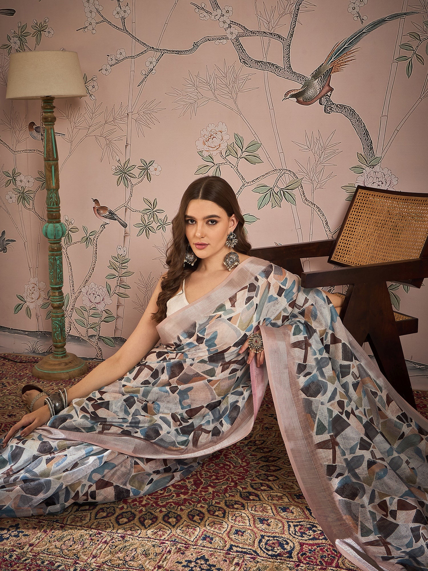 Floral Zari Linen Blend Block Print Saree
