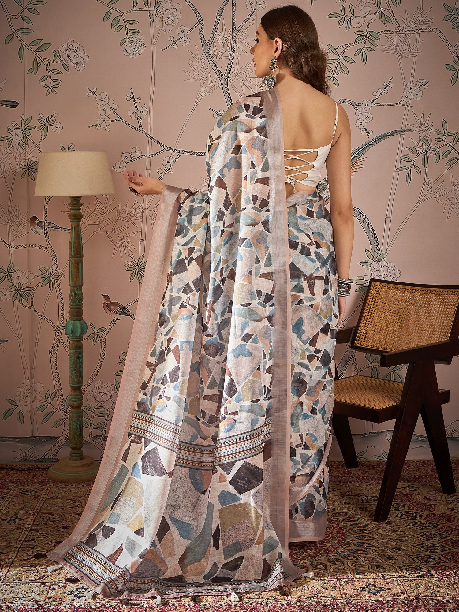 Floral Zari Linen Blend Block Print Saree